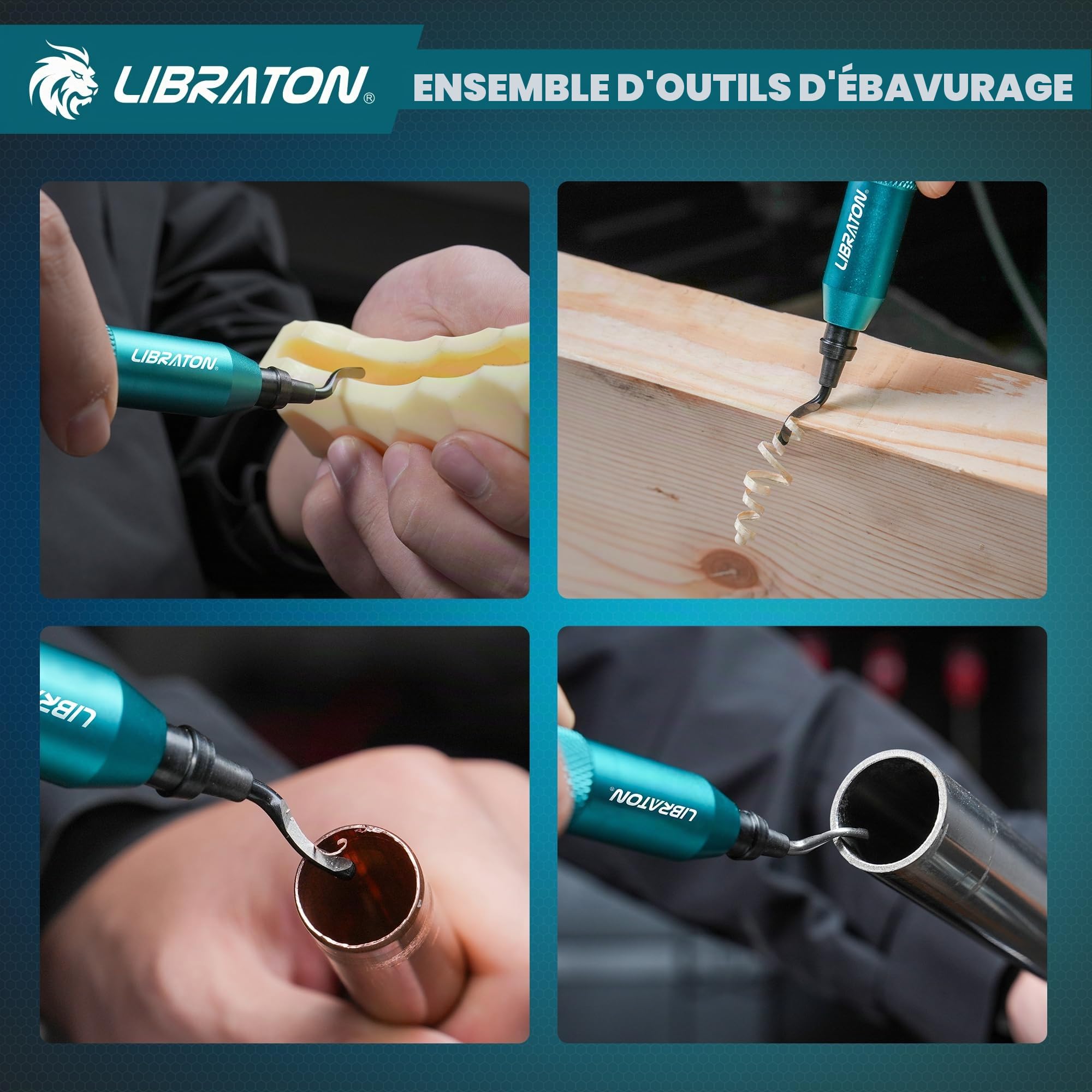 LIBRATON Ebavureur, Outil D'ébavurage Manuel, Alésoir Manuel Rotatif à 360° | avec 10 Lames HSS, pour Métal, Résine, PVC, Plastique, Cuivre, Imprimante 3d, Bois – Outil d'ébavurage et Finition Bord
