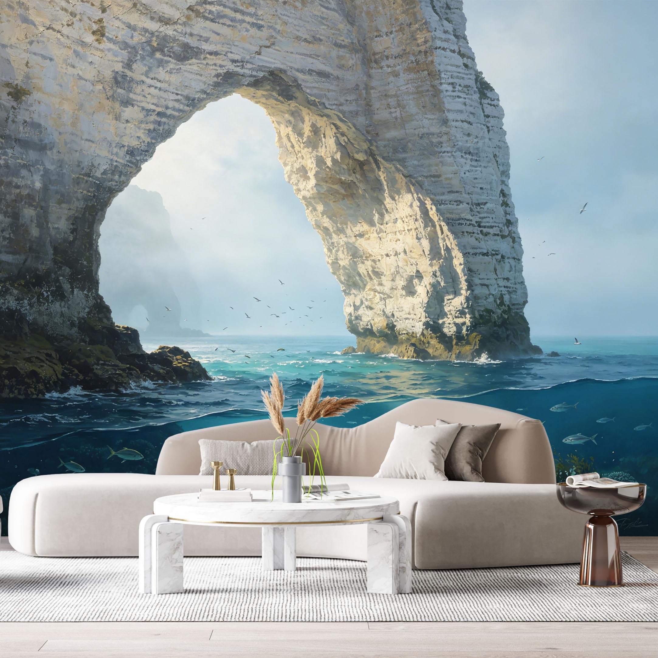 Custom Size Wall Murals Coastal Ocean Marine 3D Trompe L'Oeil Natural Stone Arch Underwater Coral Reef SelfAdhesiveWall Fabric Removable Wallpaper Wall Decor for Living Room Bedroom Bathroom