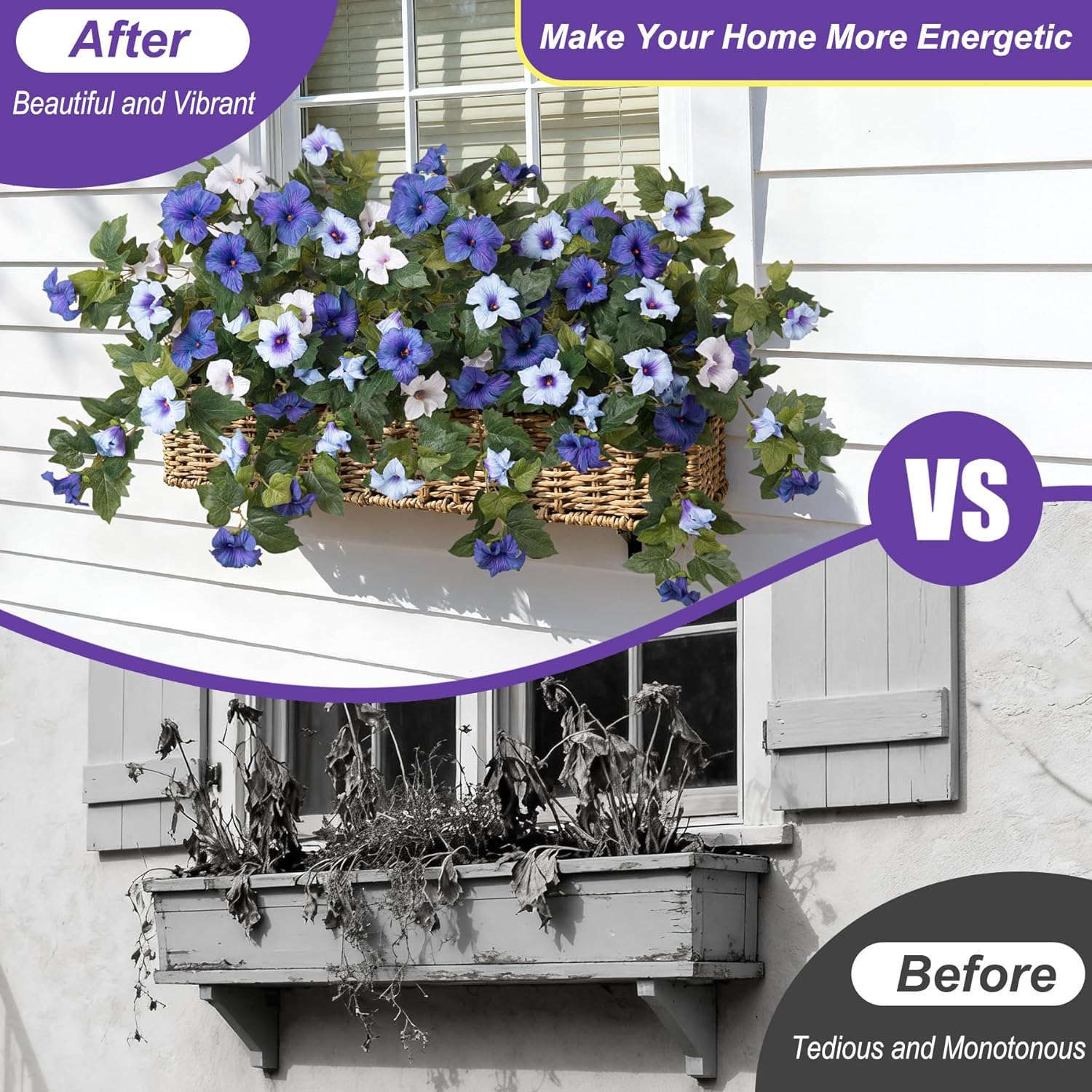 Artificial Fake Petunia Flowers for Outdoor Decoration, 2PCS Faux Silk Petunias Flower for Spring UV Resistant No Fade Realistic Plants for Garden Balcony Yard Porch Indoor Decor(Blue White)