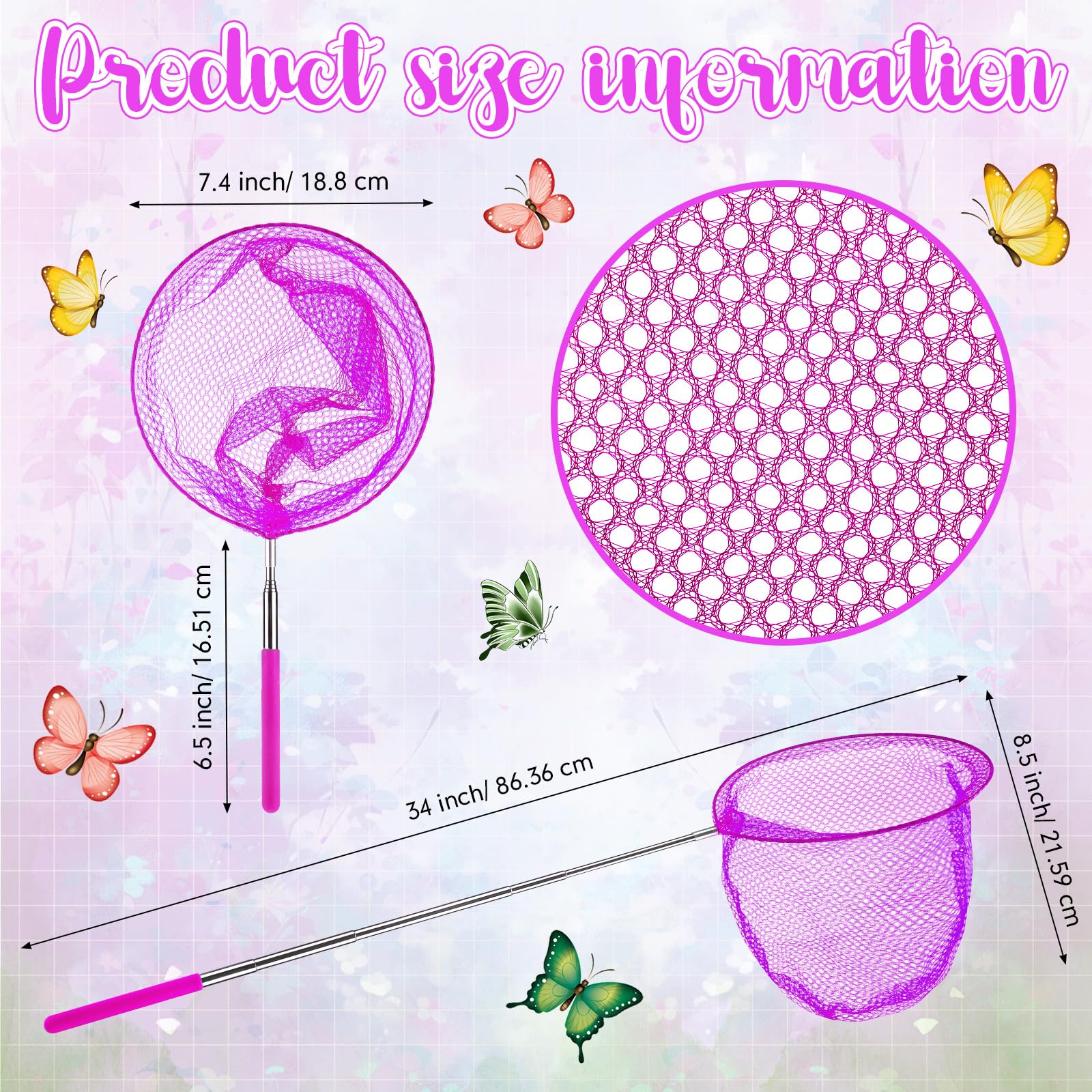 Sosation Filets de pêche télescopiques colorés pour enfants, outils d'extérieur pour attraper les papillons, les insectes, les poissons, les coccinelles, extensibles de 38,1 cm à 86,4 cm