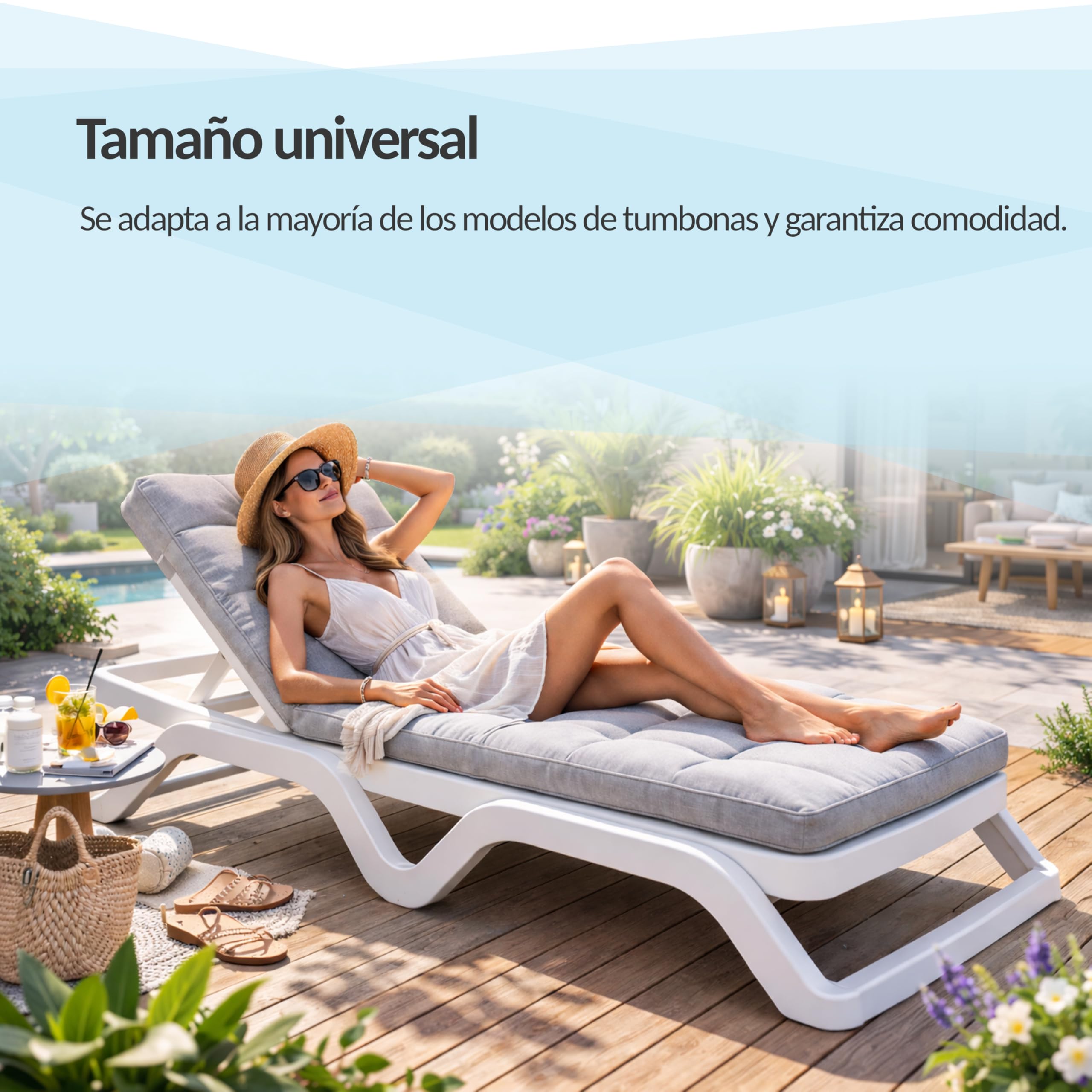 POKAR Cojín Tumbona Exterior 200x60x13 cm | Colchoneta para Tumbona de Jardín Impermeable y Repelente al Agua | Acolchado y Espesor 13 cm | Ideal para Terraza y Piscina | Made in EU | OEKO-TEX | Beige