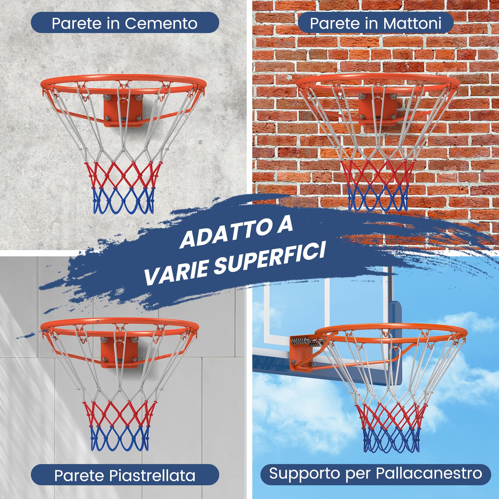 COSTWAY Canestro da Basket a Parete 45 CM, Anello da Pallacanestro da Muro con Doppia Molla, Rete Resistente e 12 Anelli, Cerchio Universale da Basket per Interno ed Esterno