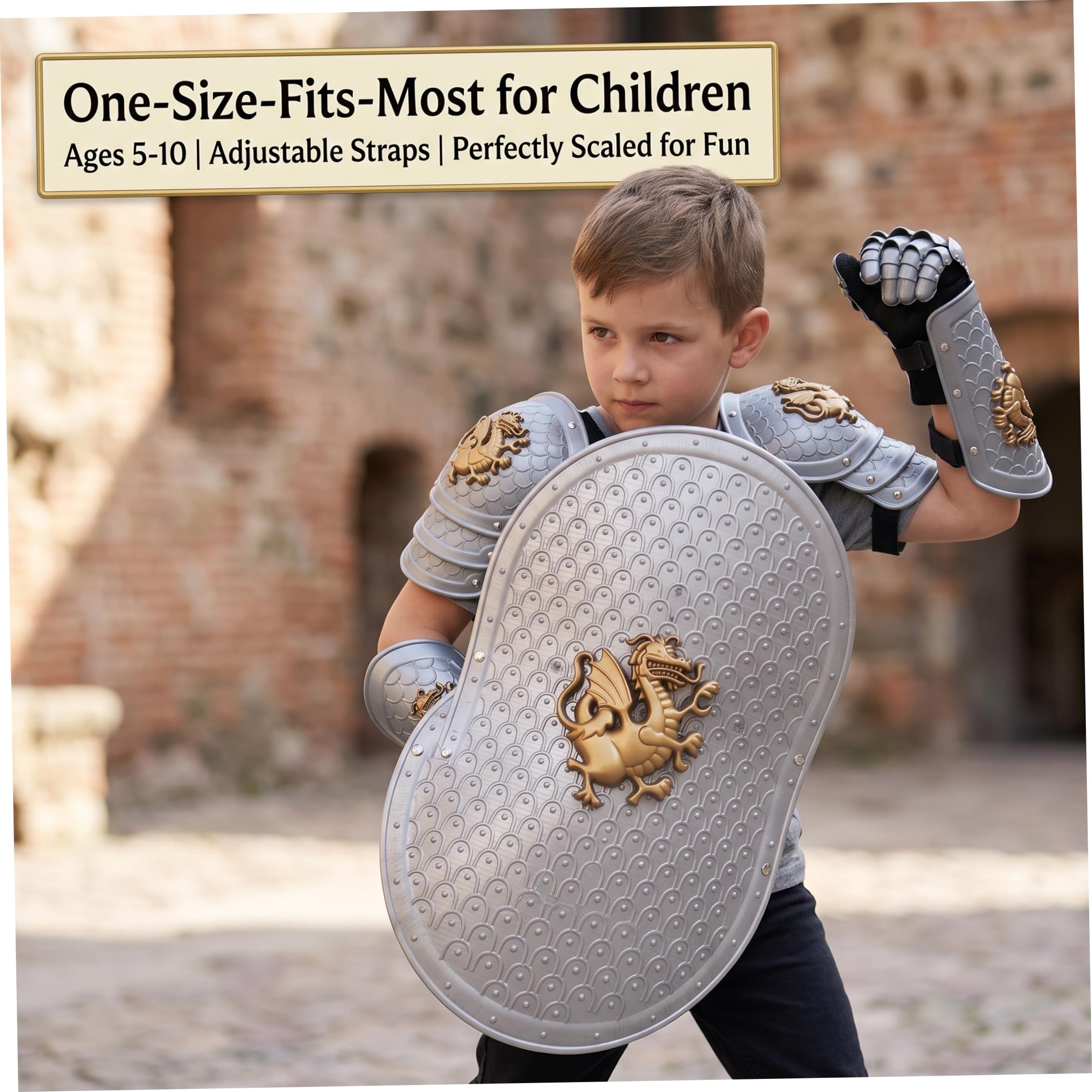 Set armatura medievale per bambini, costume da cavaliere con drago guerriero vichingo per bambini, con protezioni per spalle e polsi, argento, taglia bambino