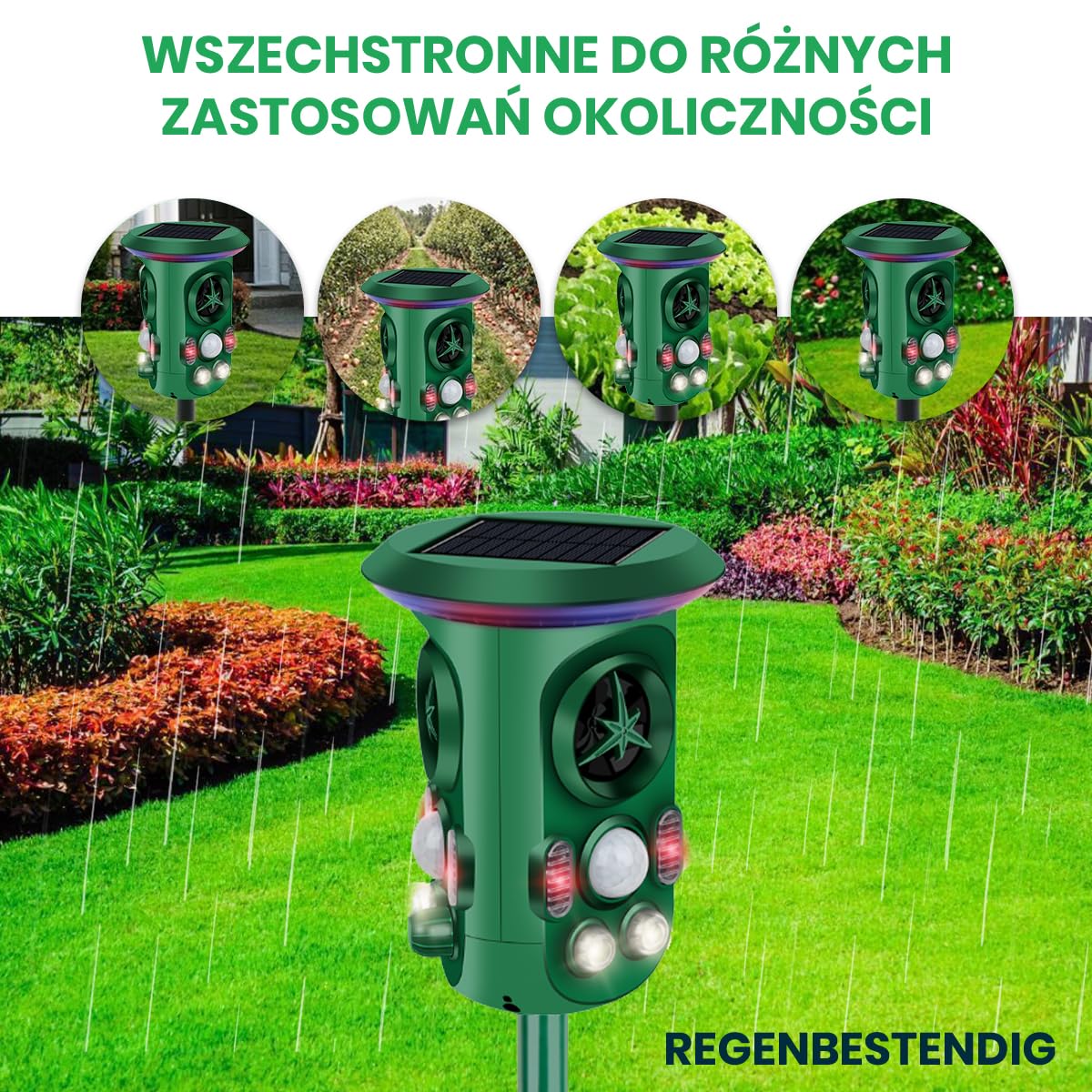 Odstraszacz kotów Fleau Garden PRO - Odstraszacz zwierząt - Ultradźwiękowy - Energia słoneczna - kun - gołębi - szkodników - Wodoodporny (Zielony — ochrona 360°)