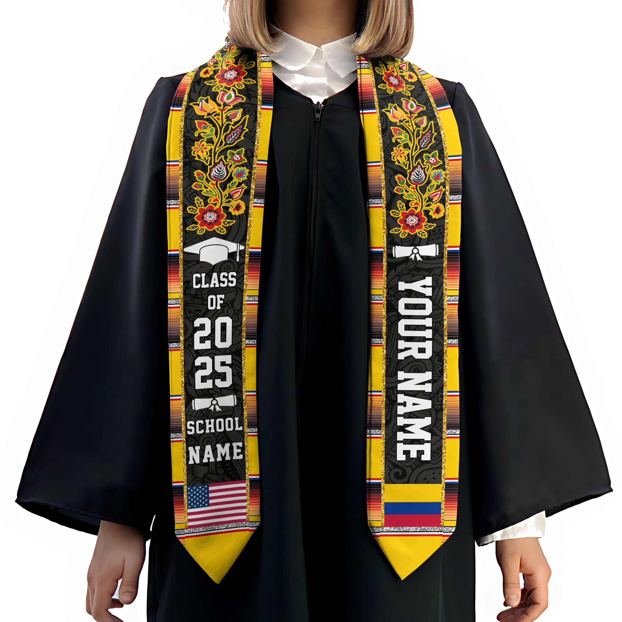 MonkeyVan Custom Colombian Graduation Sash 2025, Personalized Colombian American Stole, Colombia Flag Graduation Stole S67
