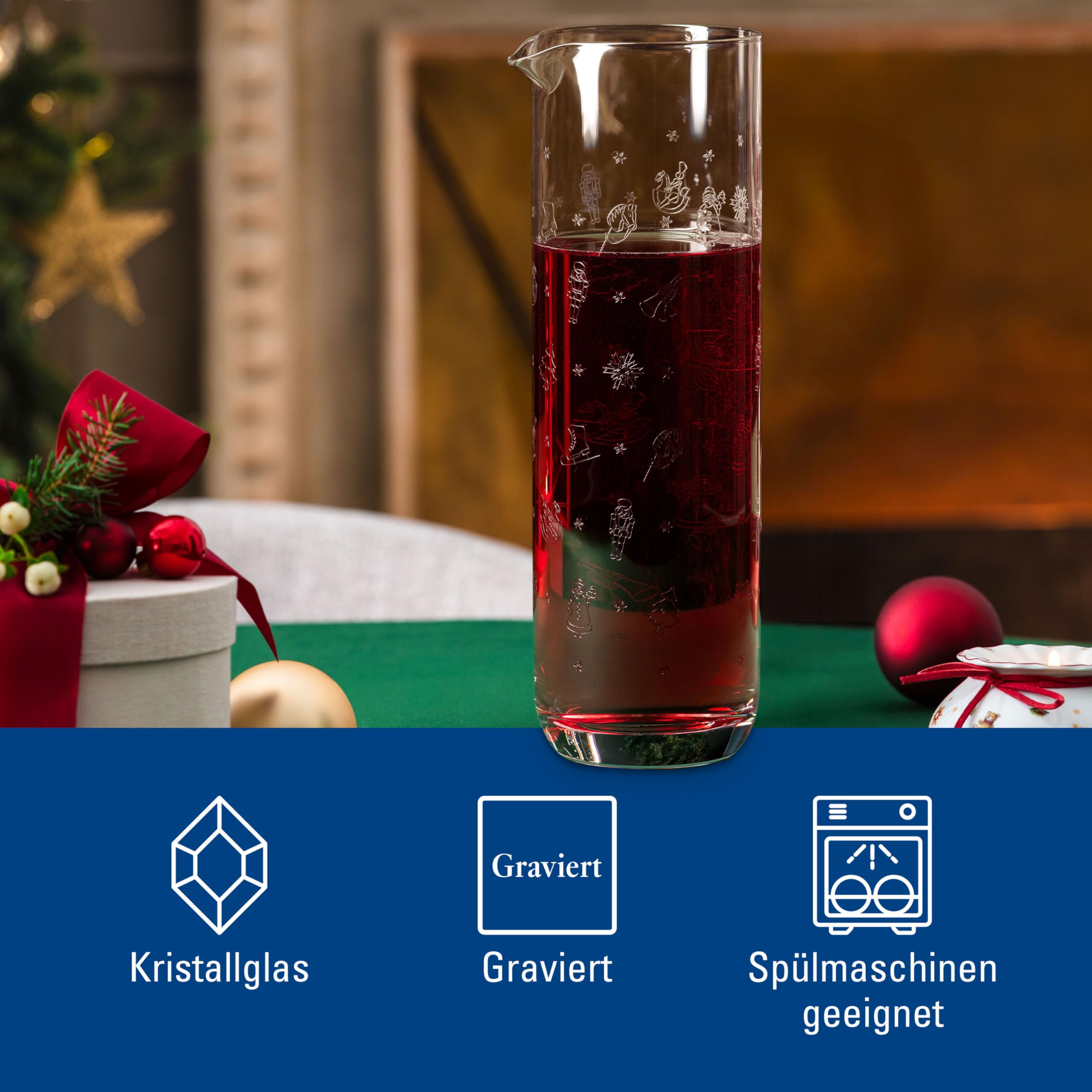 Villeroy & Boch - Toy's Delight Wasserkaraffe 1 Liter Klar, Spülmaschinenfest, Weihnachten, Glaskaraffe 1l, Saftkrug, Wasserkrug, Kanne, Weihnachtsmotiv, Kristallglas