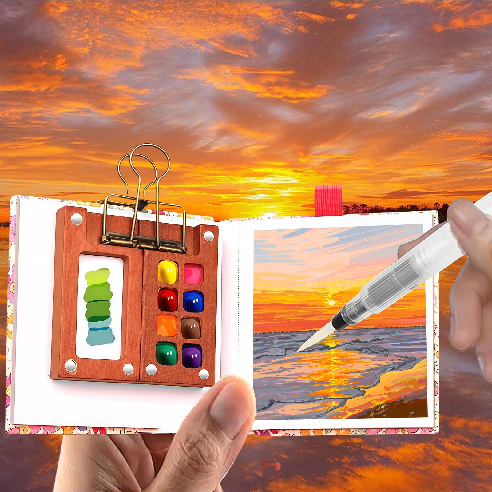 Yamobi Kit tavolozza per pittura ad acquerello in miniatura a 8 griglie, mini scatole da pittura ad acquerello, portatili, per acquerello, tavolozza di legno