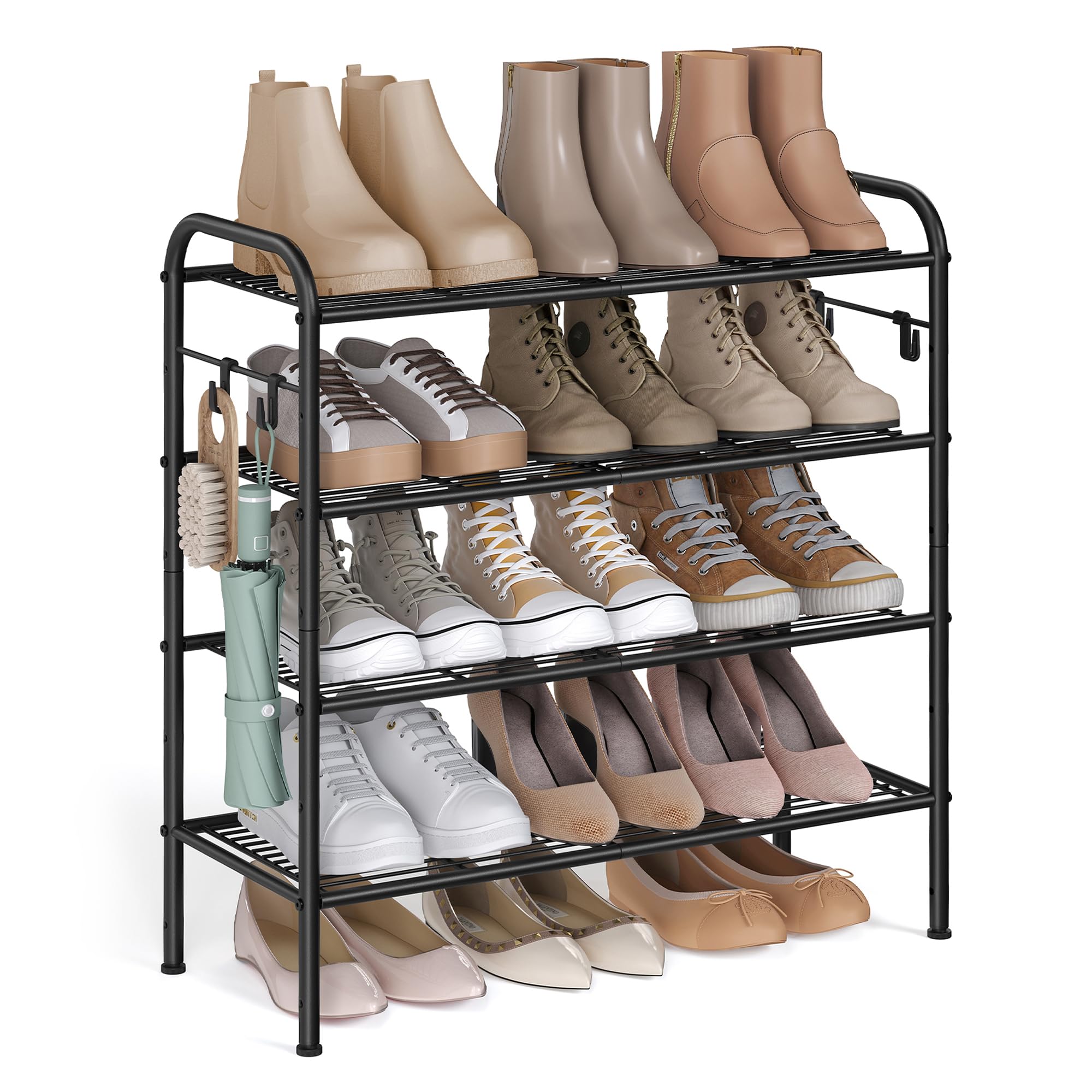 SONGMICS Shoe Rack, 4-Tier Shoe Organizer, Metal Shoe Shelf Storage with 4 Side Hooks, Holds 16 Pairs of Shoes, Height-Adjustable Shoe Rack for Entryway, Hallway, Closet, Easy Assembly, Ink Black