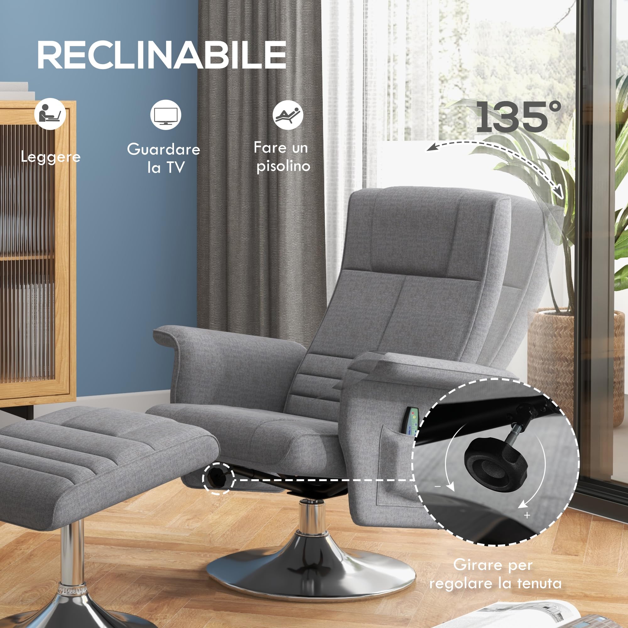 HOMCOM Poltrona Massaggiante a 8 Punti e Reclinabile con Telecomando e Poggiapiedi, Poltrona Relax in Acciaio e Tessuto Effetto Lino, 78x90x93 cm, Grigio Scuro