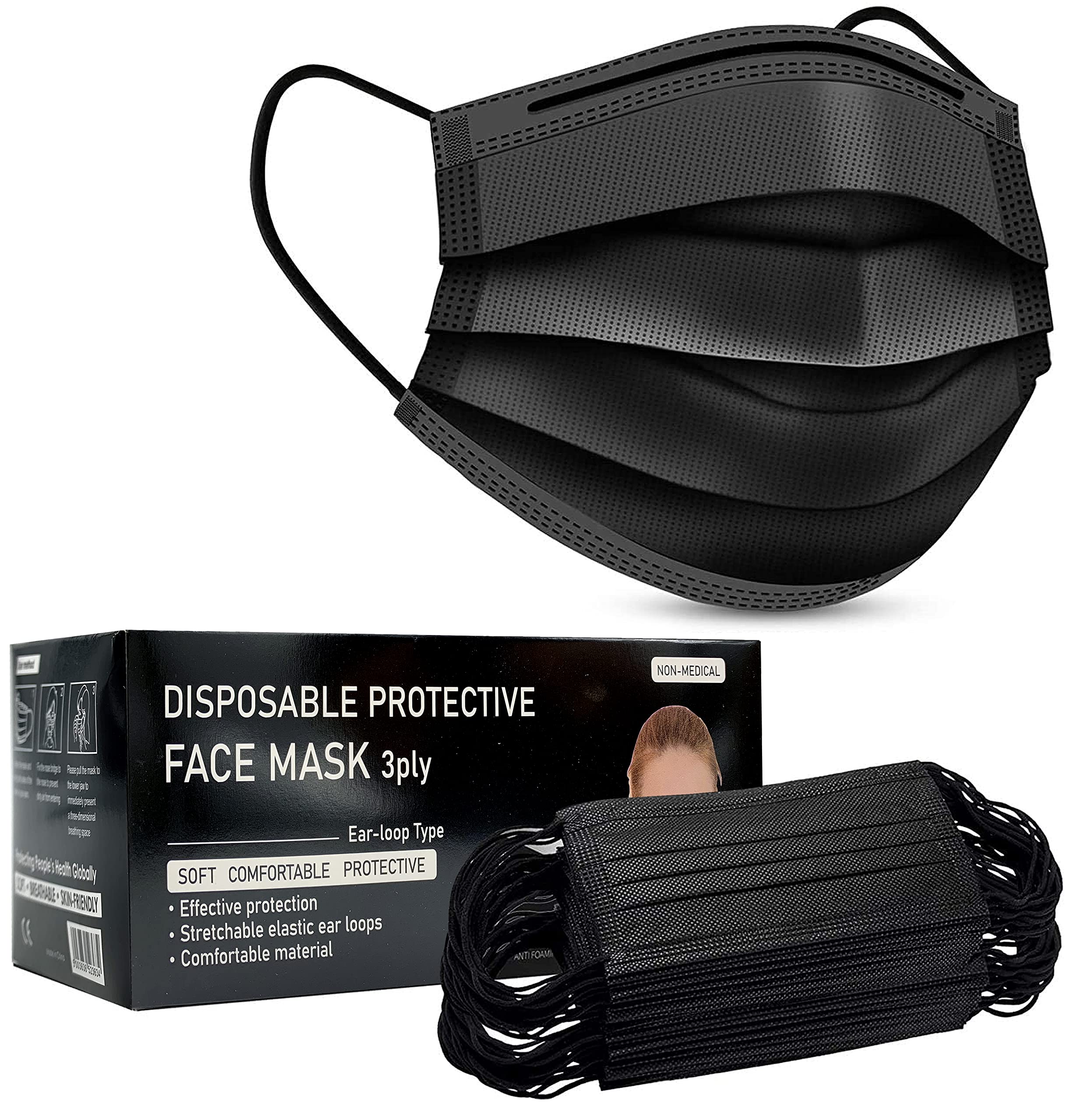 Disposable Black Face_mask Box of 50 | Breathable Triple Layer Mouth Cover with Elastic Ear loops| UK Seller
