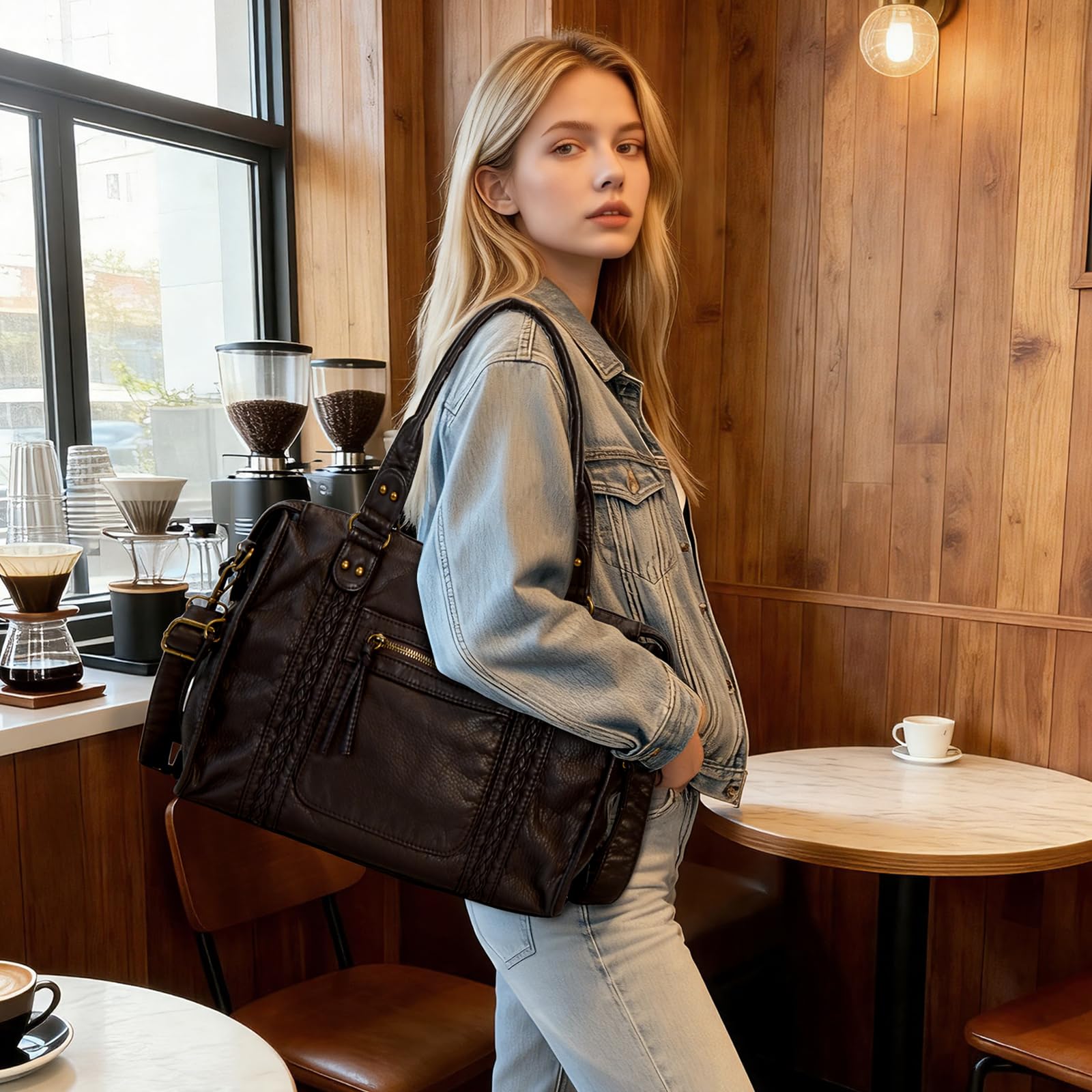 TIAASTAP Vintage City Bag Damen – PU Ledertasche Handtasche Groß Shopper Tasche Y2K Schultertasche Arbeitstasche Uni Japanese School Bag, Damen-Henkeltaschen für Frauen