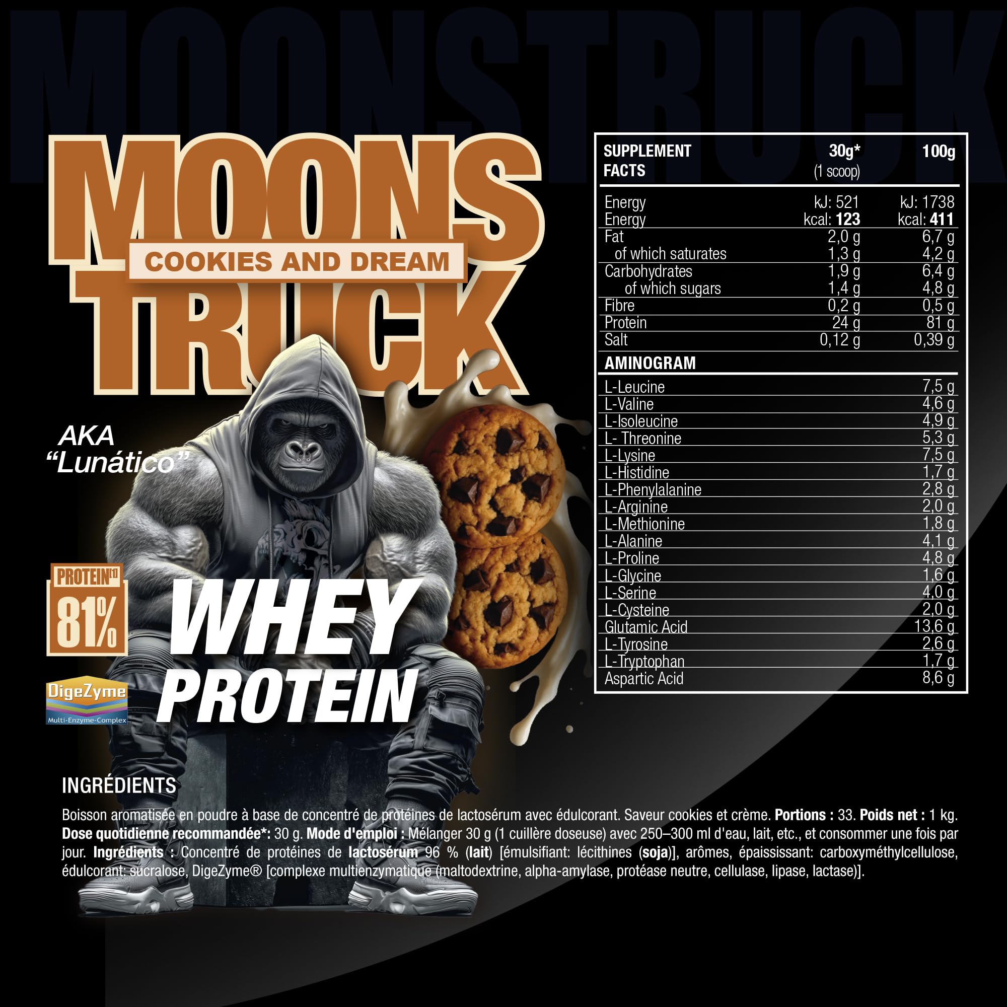 MOONSTRUCK Whey Protéine avec DigeZyme® Cookies & Dream 1kg – Whey Protéine 78% Pureté, 24g de Protéines par Portion, pour la Prise de Masse Musculaire & la Récupération