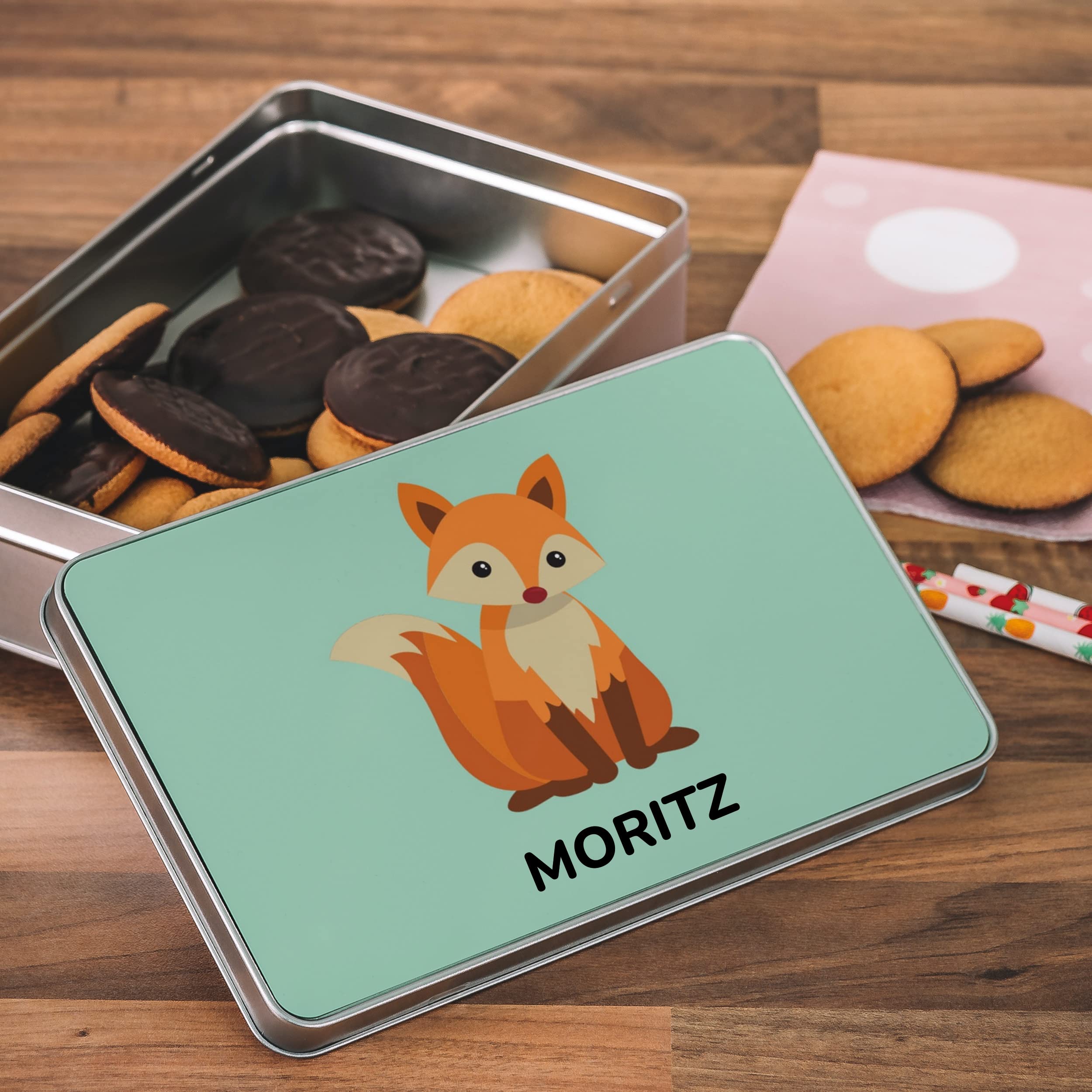 STEMPEL-FABRIK – personalisierte Metalldose eckig (20x13x5 cm | Fuchs) mit Namen – bedruckte Geschenkdose für Kinder – Keksdose mit Tiermotiv – Vorratsdose für Kekse, Plätzchen, Kaffee, Tee uvm.