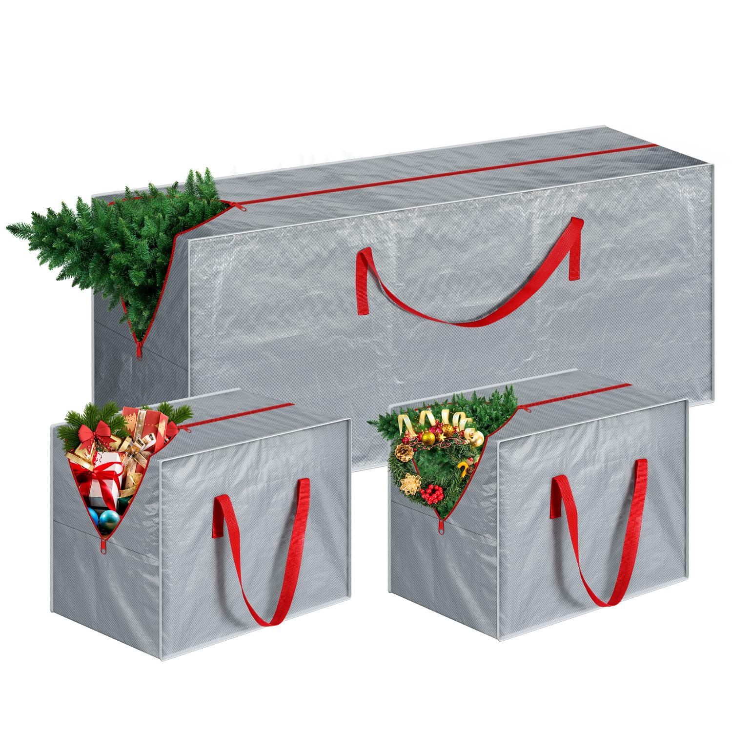 Vinsani Grey Vinsani® 3Pcs Extra Large Christmas Tree Decoration Storage Bags Waterproof Durable Zip Bag Xmas Décor Ornaments Baubles Tinsels Lights Organiser With Handles Prevents Moisture & Dust (Grey)