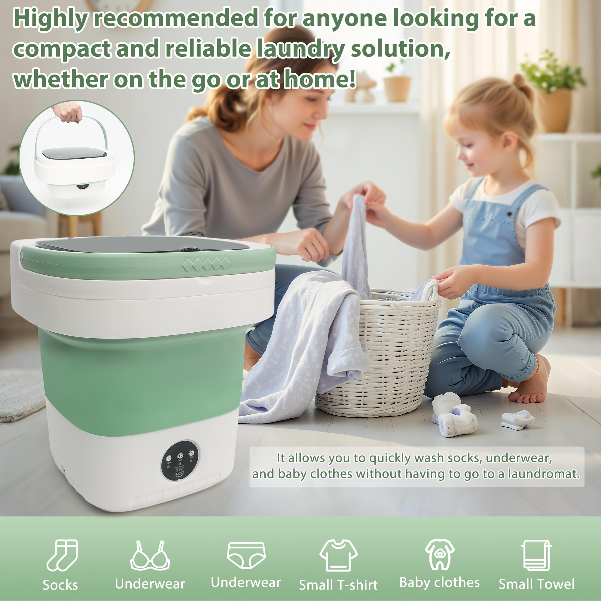 17L Portable Mini Washing Machine, Foldable Compact Washer with Spin Dryer, 3 Wash Modes for Baby Clothes, Underwear & Socks, Perfect for Apartments, Travel, Dorm & RV Living — view 6