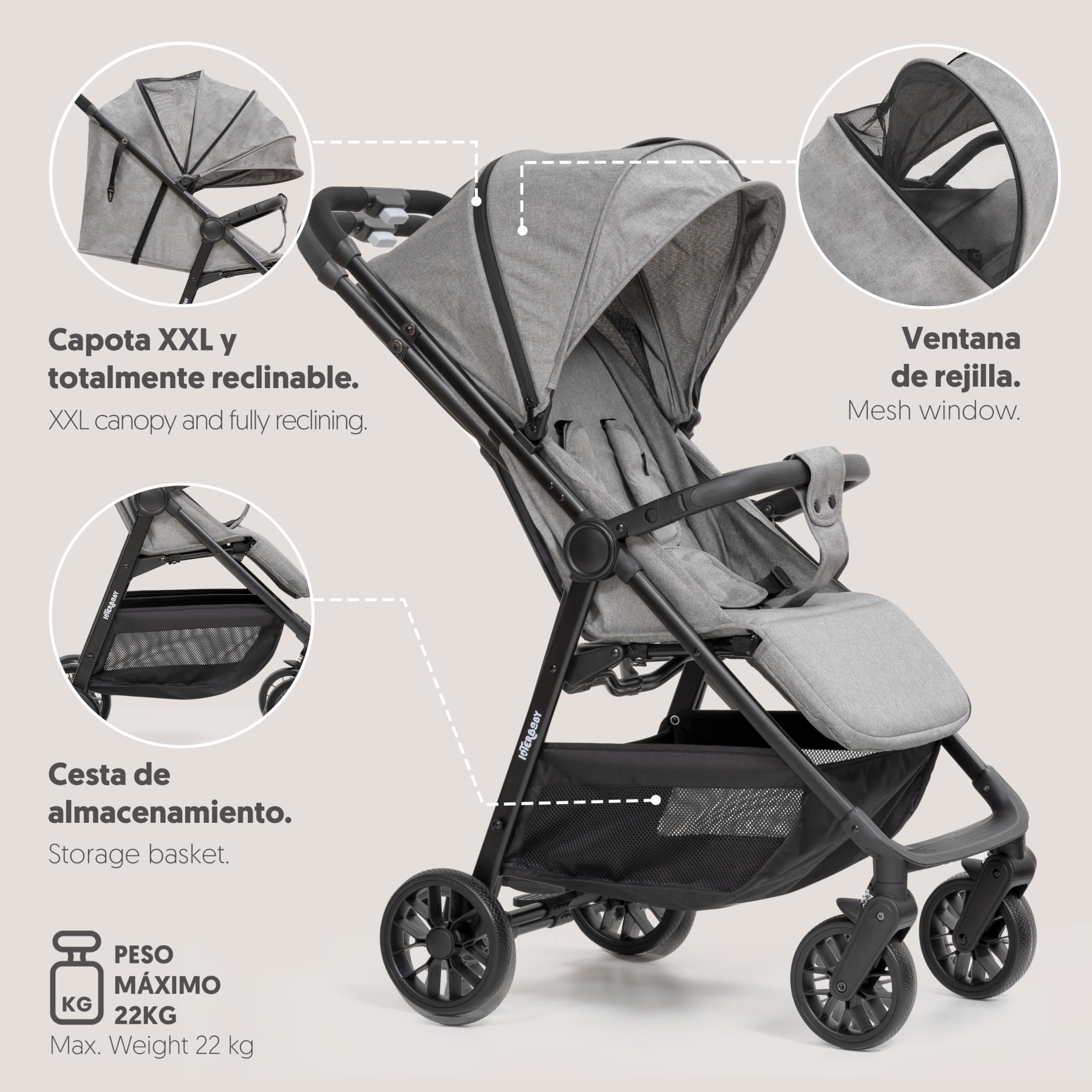 Interbaby - Silla de Paseo Ligera Bebé hasta 22 kg, Carrito Bebé Plegado Automático con una Mano, Respaldo Reclinable, Capota XXL, Suspensión 4 Ruedas, Cochecito Bebé (Gris)