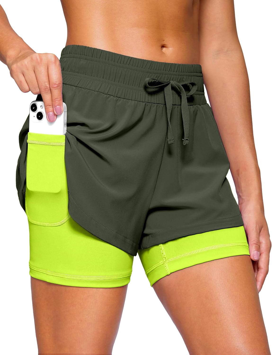 Soothfeel Women's 2 in 1 Running Shorts 5" Athletic Shorts High Waisted Workout Gym Tennis Exercise Shorts with Liner Pocket