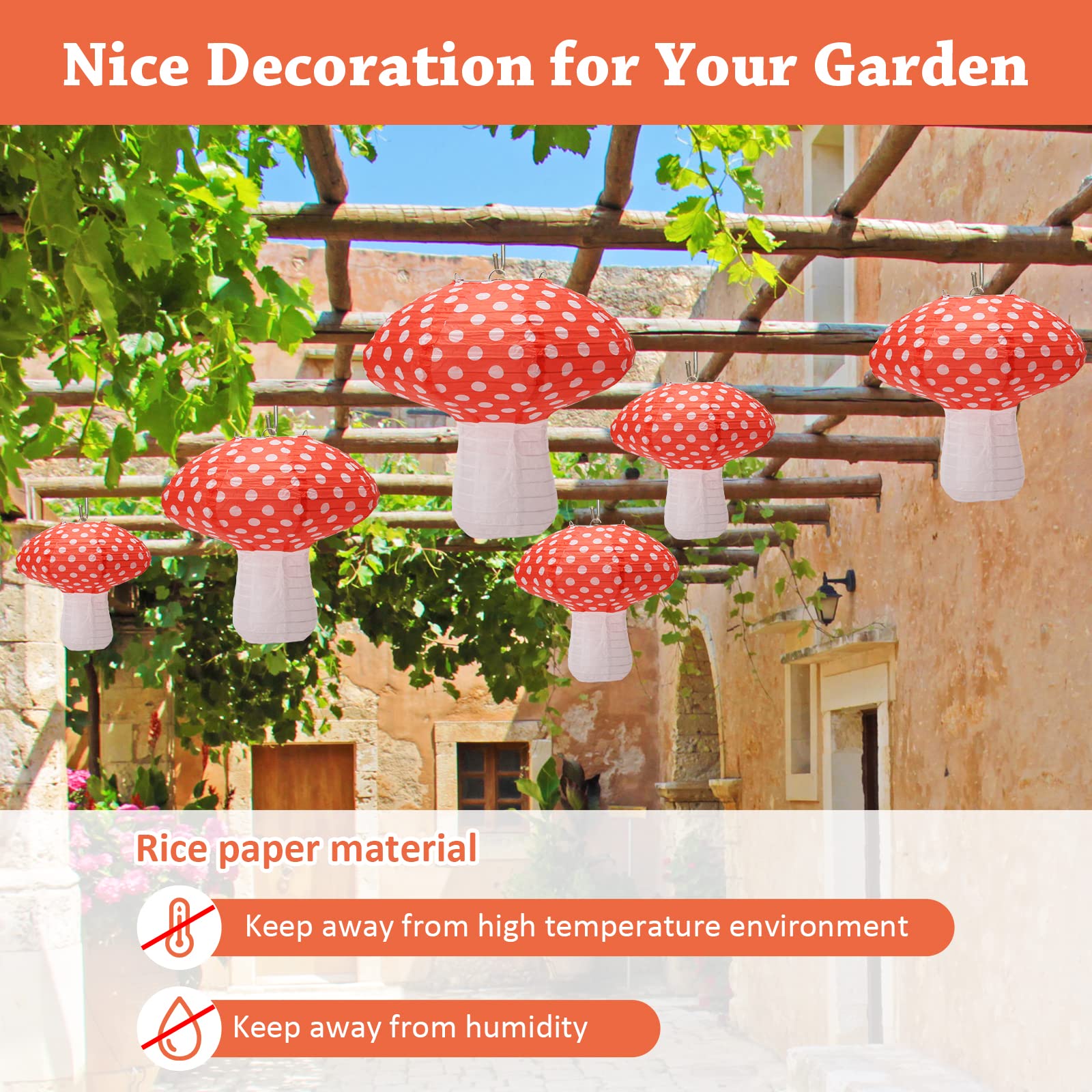 Windspeed 8Pcs Mushroom Shaped Paper Lanterns Large 3D Mushroom Paper Lanterns Decoration Hanging for Nursery Garden Christmas Party Decoration 8 inch, 12 inch