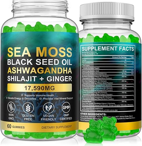 Miniatura 2 de Gomitas de musgo marino, musgo marino con aceite de semilla negra, Ashwagandha, ingredientes naturales Shilajit y jengibre para hombres y mujeres,