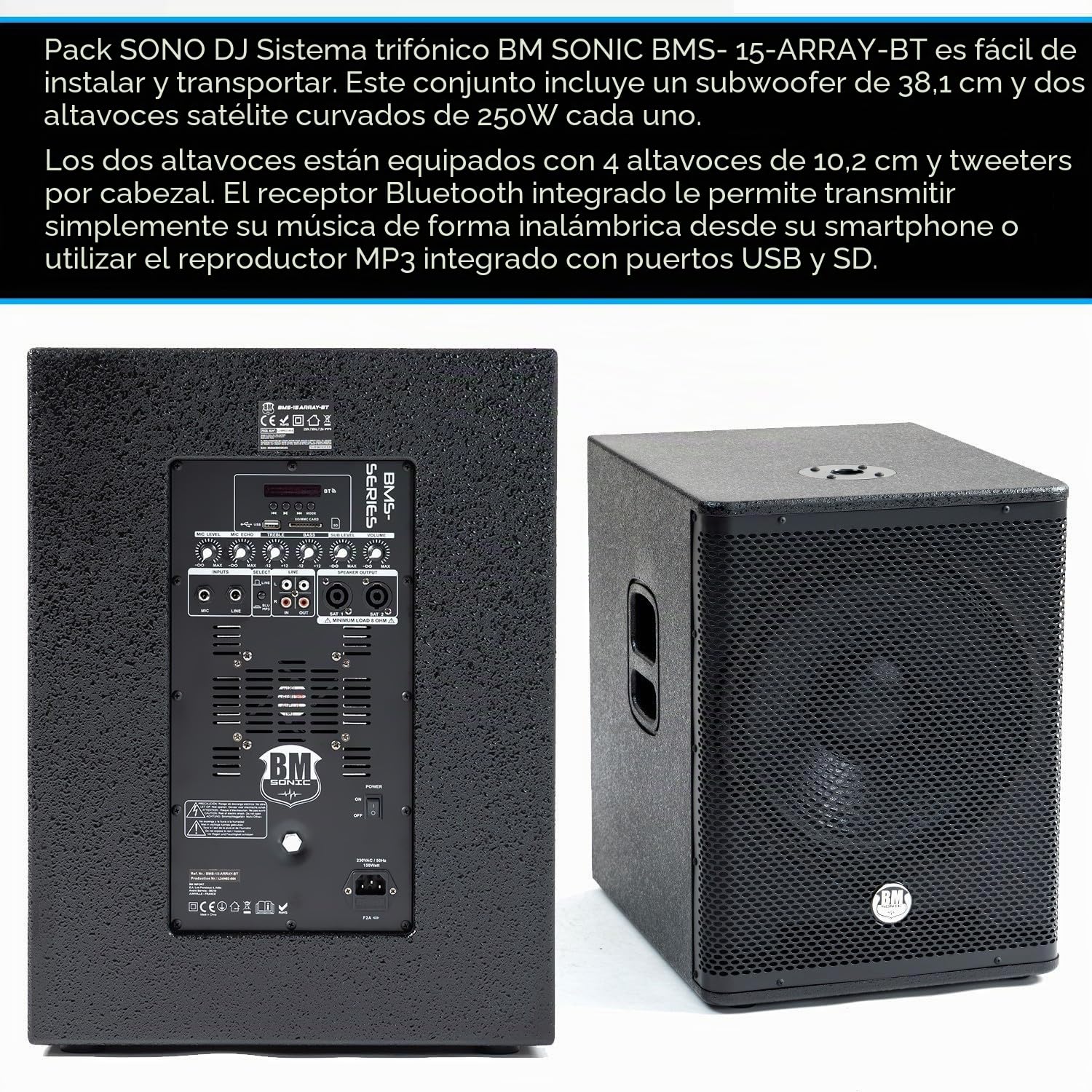 Pack de sonido DJ completo BM Bmsonic BMS-15-ARRAY-BT, 1200W, altavoces satélites, caja de sonido 38cm USB/Bluetooth, soportes para cables
