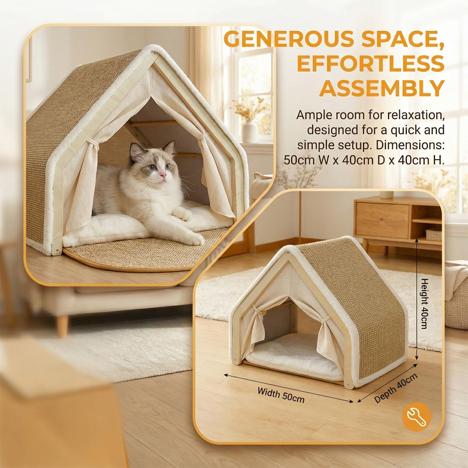 3-in-1 Gemütliches Katzenhaus Sisal mit Holzrahmen