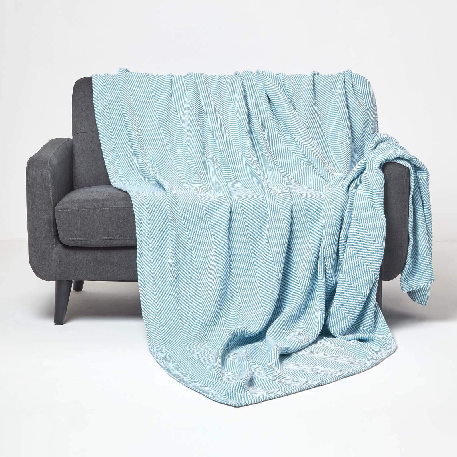 Homescapes Teal Blue Throw 100% Cotton 225 X 255 Cm Cosy Throw For Sofa Or Bed “Halden” Chevron Blanket Herringbone Geometric Pattern Bedspread
