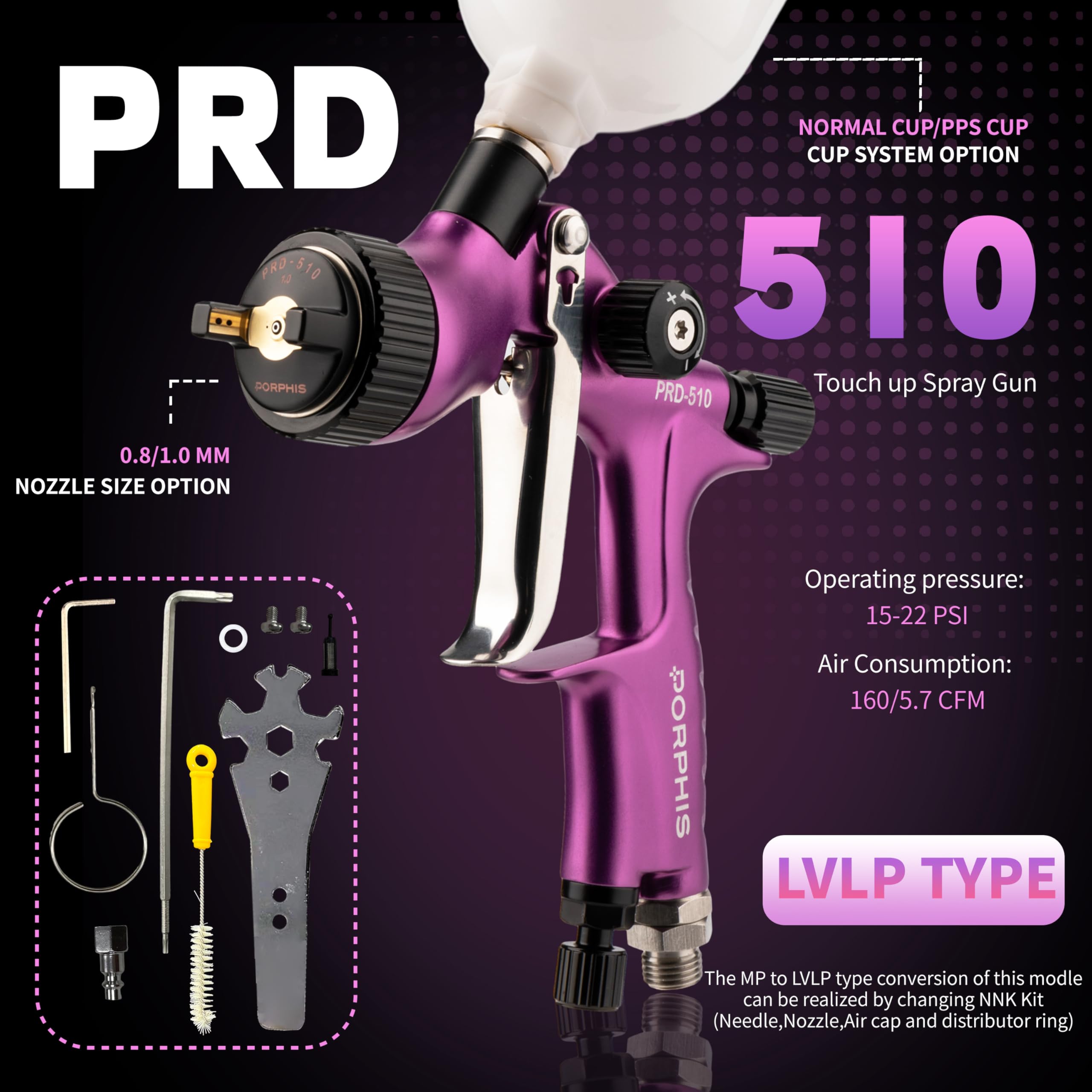 LVLP PRD-510 pistolet do malowania natryskowego 1 mm, dysza 1 mm, kubek 250 ml, fioletowy
