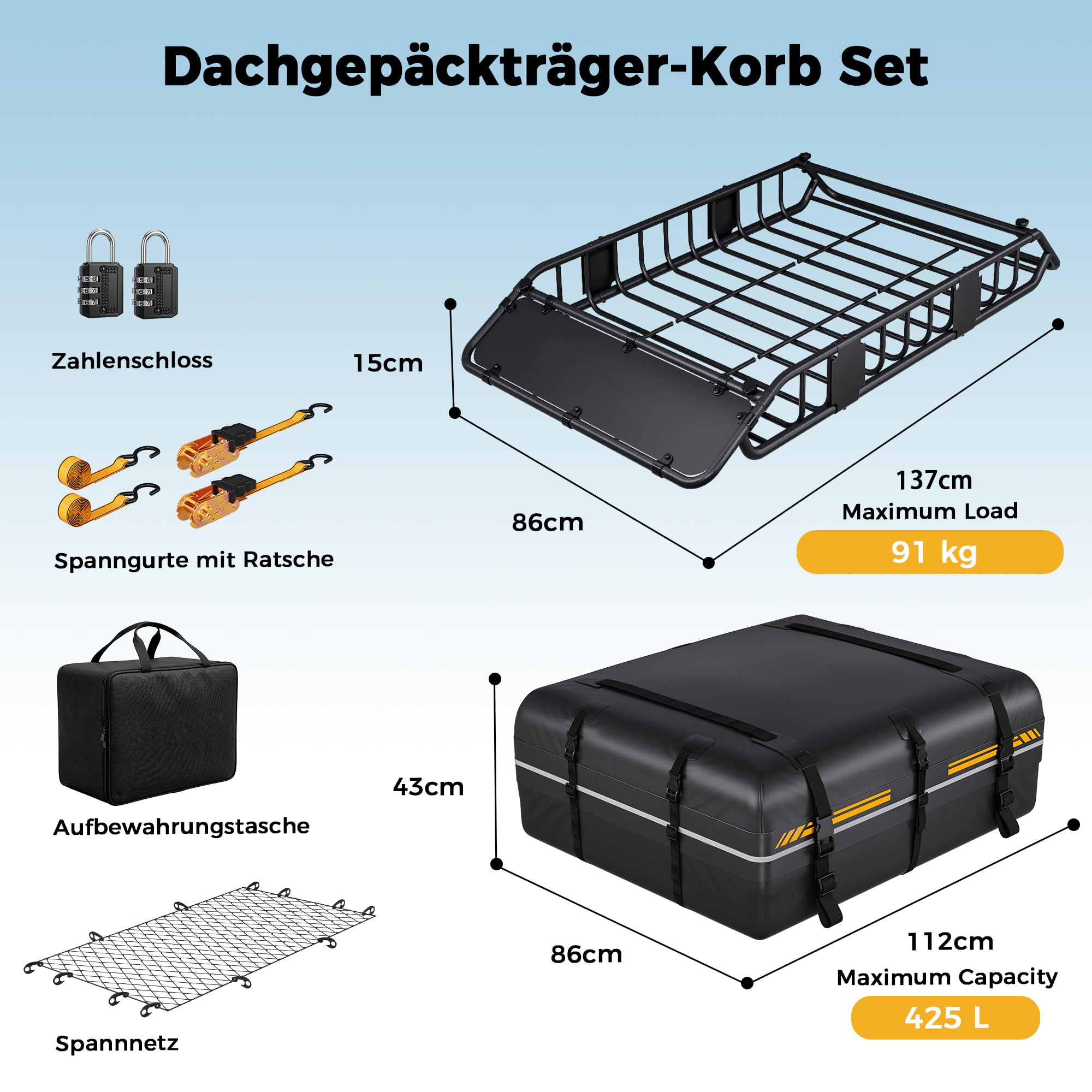 Dachgepäckträger 137 x 86 x 15 cm mit wasserdichter Dachtasche 425L | 90kg Tragfähigkeit, Verstellbare Trennstange, Gepäcknetz, Spanngurte & Schlösser, Universal für SUV Pickup Camping
