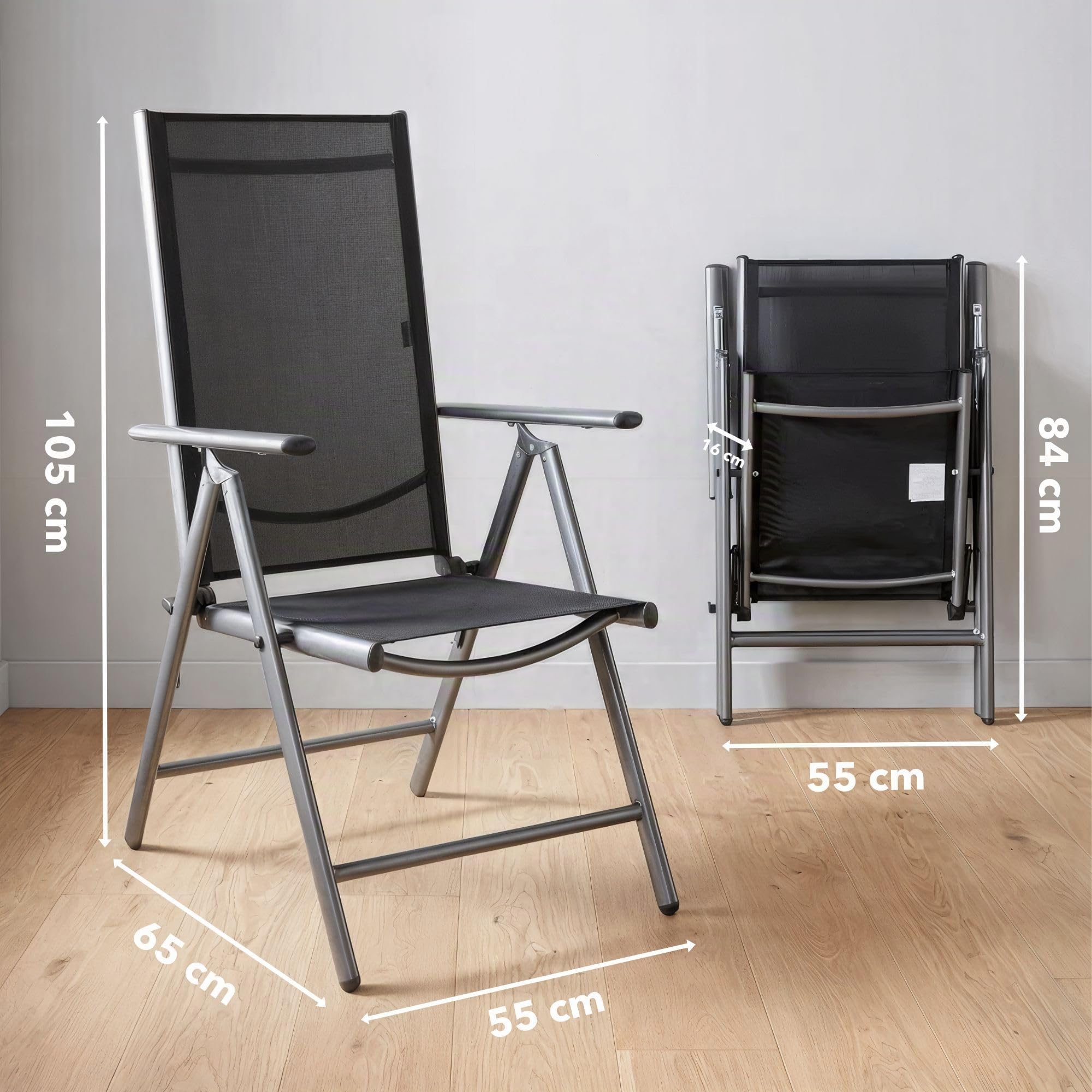 AREBOS Lot de 4 Chaises de Jardin Pliables à Dossier Haut | Dossier Réglable 7 Positions Jusqu’à 150° | Aluminium | Résistantes aux Intempéries et UV | Charge 120 kg