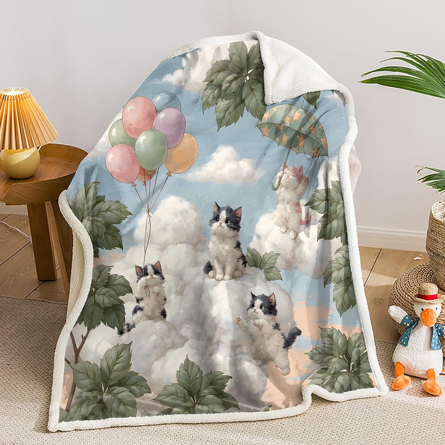 AILONEN Sherpa Fleece Blanket Throw Soft Warm Cozy Cute Cat Kitten Cloud Sky Balloon Umbrella Star Dreamy Pastel Blue Pink Nursery Girl Bedroom Couch Bedding Travel Plush Fluffy Decorative Art