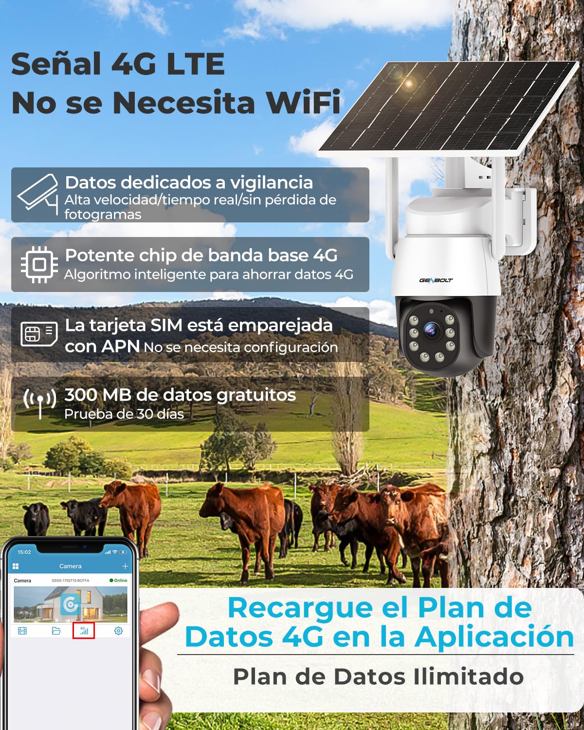 GENBOLT 4G AOV Solar Cámara Vigilancia Exterior Inalámbrica,Grabación 24/7 3MP Cámara IP Seguridad Exterior sin WiFi con Tarjeta SIM,Detección AI de 90 pies,Cámara CCTV con Batería de 8W 10400 mAh