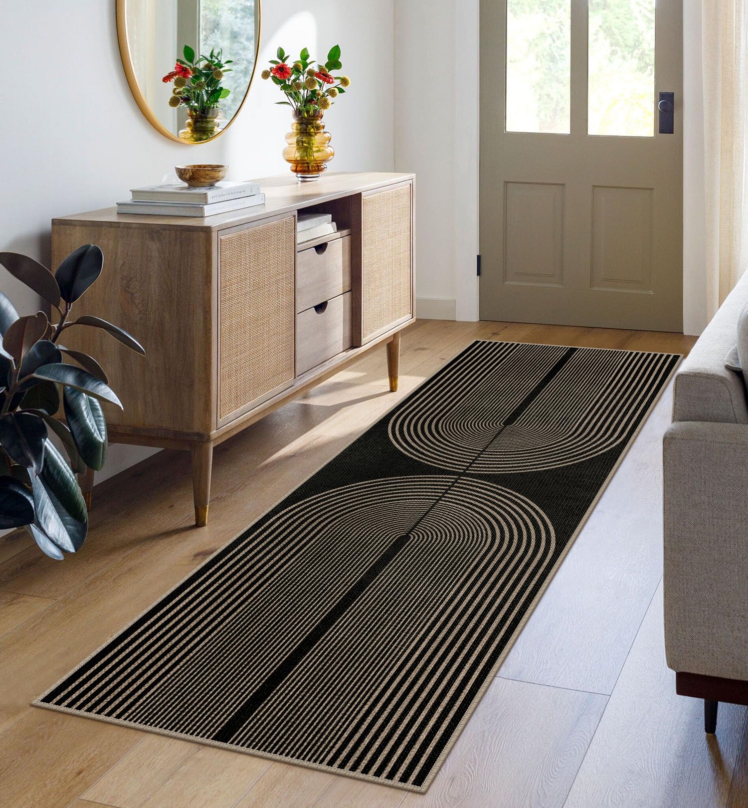 Rugalia Easy Jute Rainbow Runner Rug, 2x6 Black Washable Rugs Runner for Hallway Non-Slip Boho Farmhouse Kitchen Runner Rug, Modern Abstract Indoor