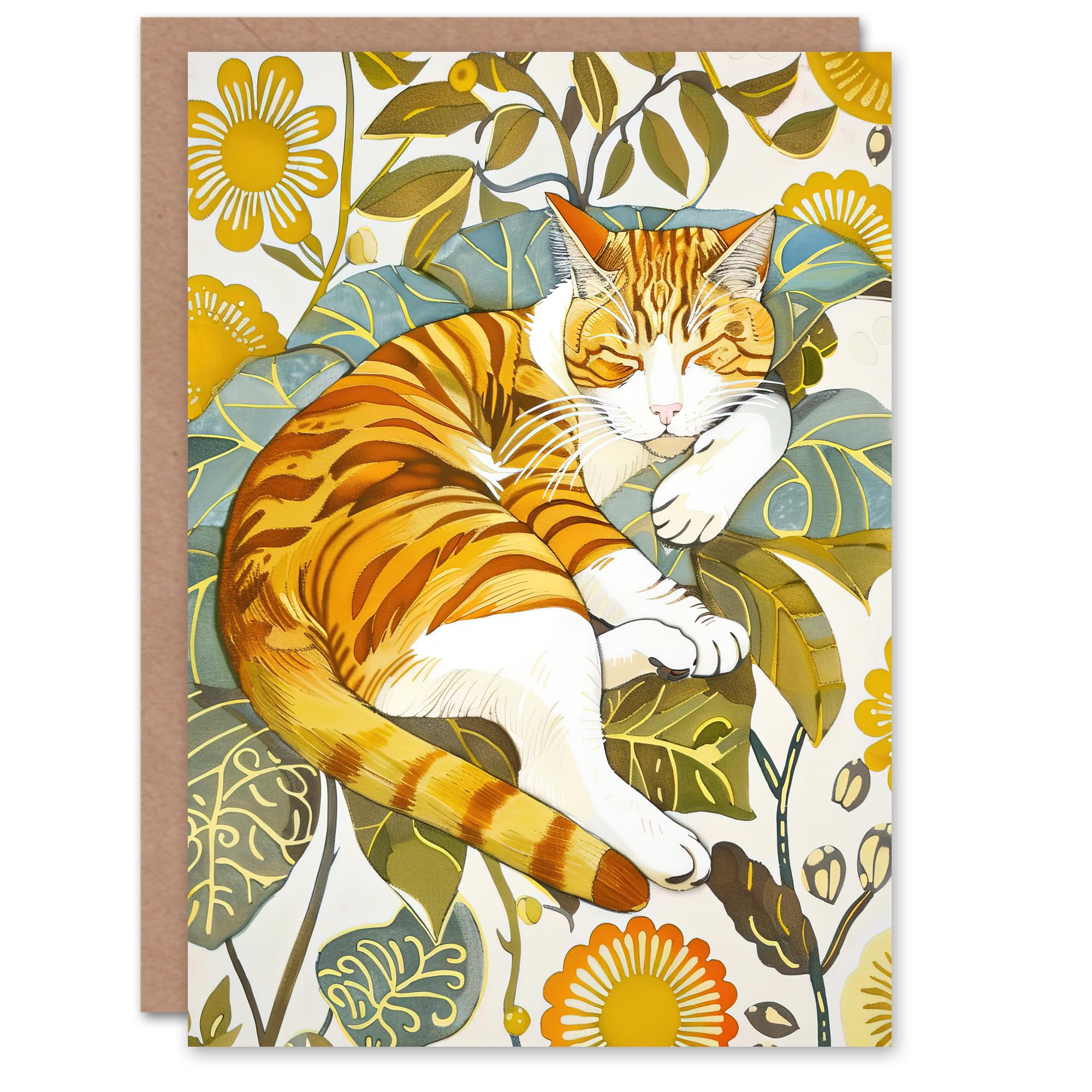 Artery8 Greeting Card Sleeping Orange Tabby Cat Lover Bright Floral Blank For Him Or Her Art Birthday Card