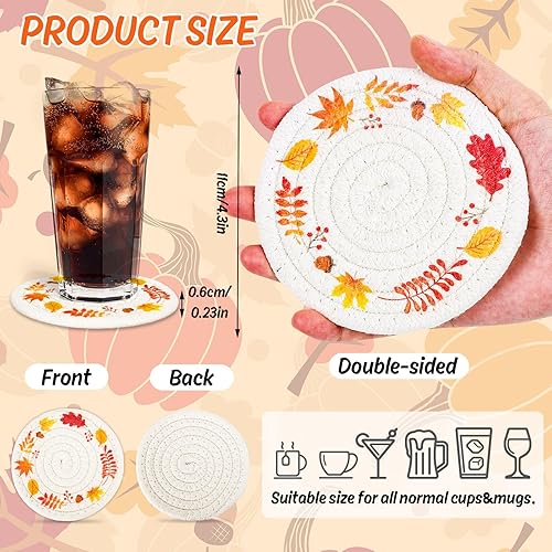 Miniatura 2 de Whaline Posavasos de otoño de Acción de Gracias, hojas de arce, hechos a mano, trenzados, de algodón, naranja, amarillo, antideslizantes,