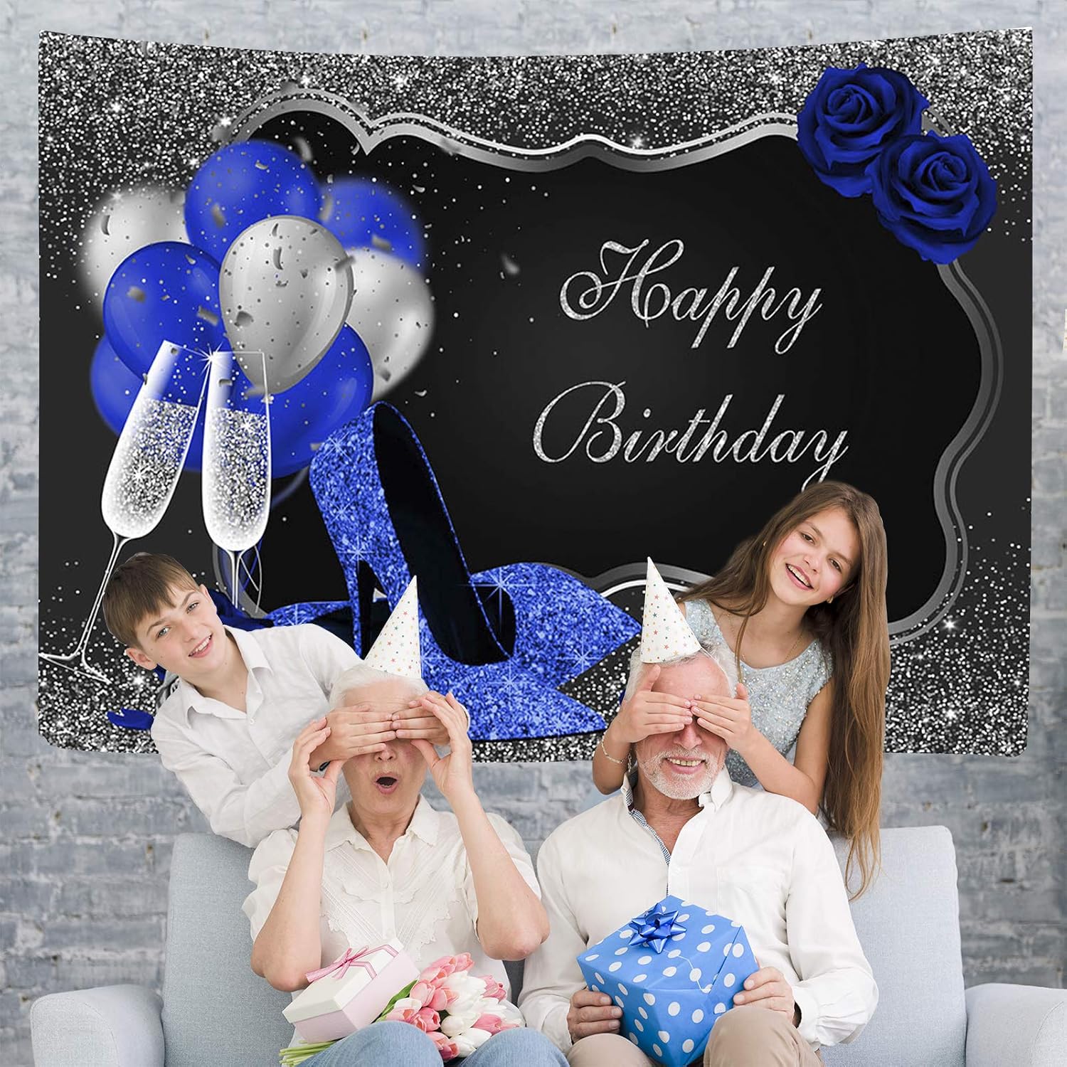 Mocsicka Silver and Black Birthday Backdrop Royal Blue High Heels and Balloons Birthday Party Decoration for Woman Blue Rose Happy Birthday Party Banner Decoration (7x5ft (82x60 inch))