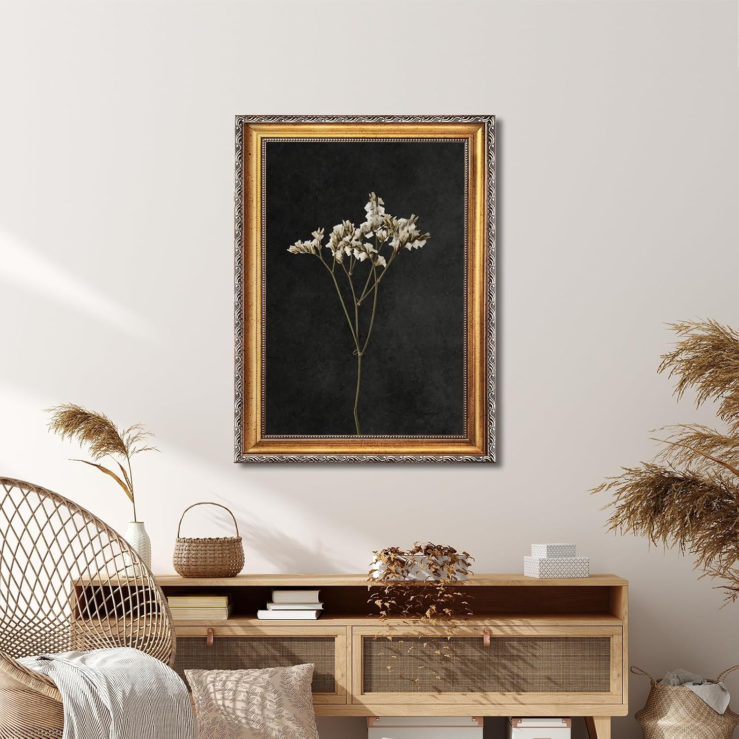 Large Framed Dried Baby's Breath Flower Wall Art Minimalist Botanical Canvas Painting Prints Retro Dark Wildflower Floral Stem Victorian Black Picture Artwork for Home Bedroom Decor 24x36inch