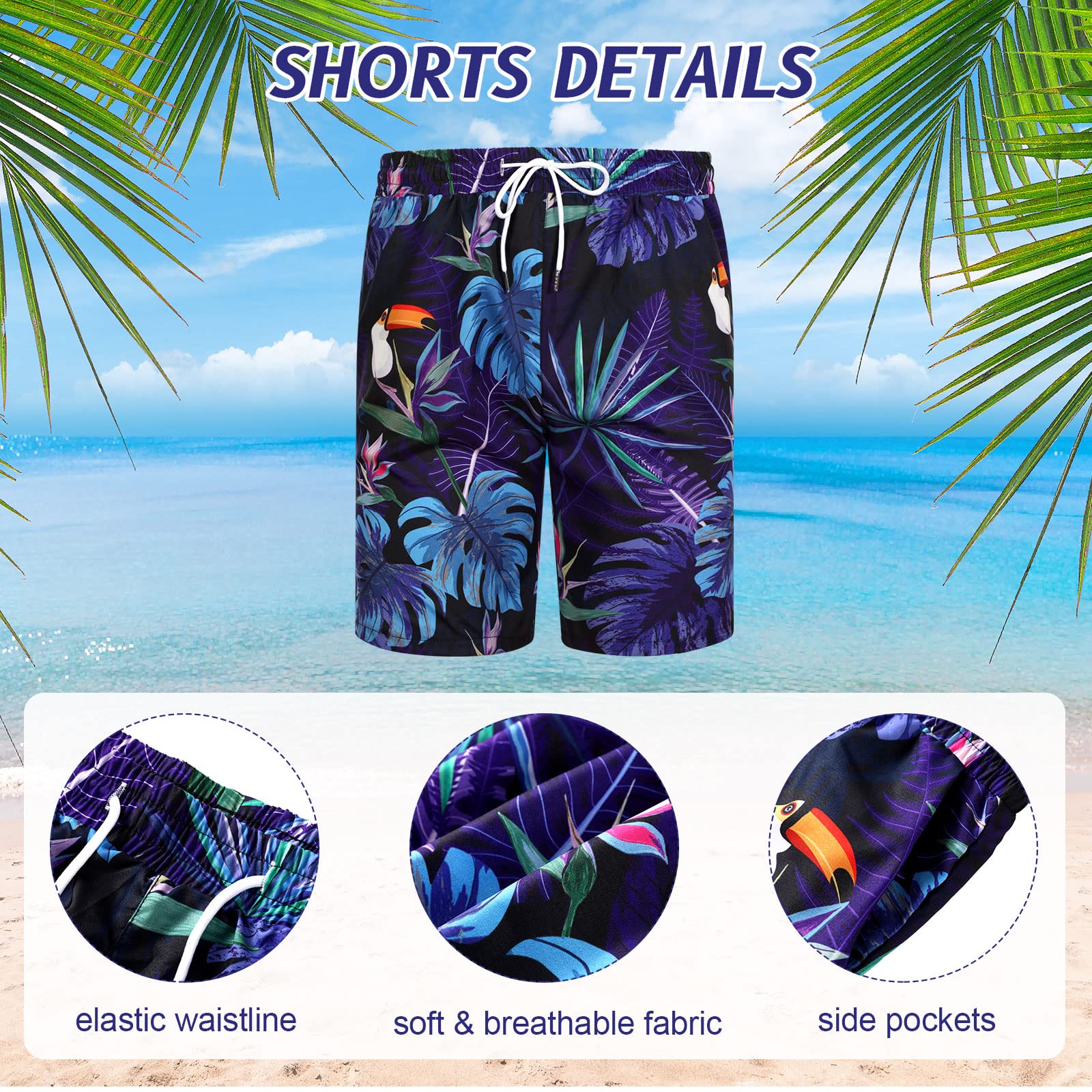 4-teiliges Hawaii-Hemd und kurzes Set für Herren, lässiges Button-Down-Sommer-Strand-Blumen-Outfits mit Hüten und Sonnenbrillen