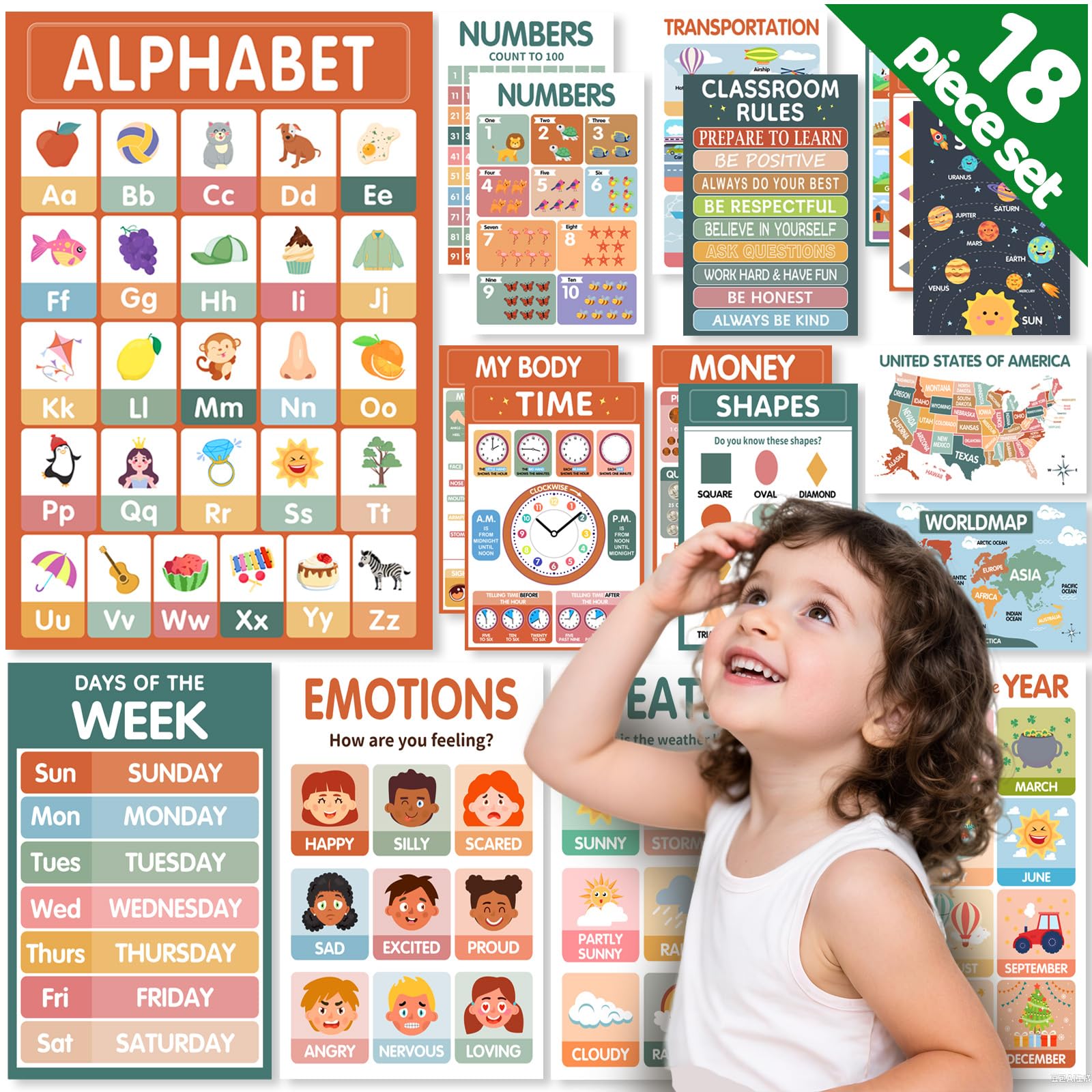 YKQuarnion 18 affiches éducatives bohèmes pour tout-petits de 1 à 5 ans – ABC, chiffres, couleurs et formes laminés pour l'école maternelle et la maternelle – Décoration de salle de classe (27,9 x