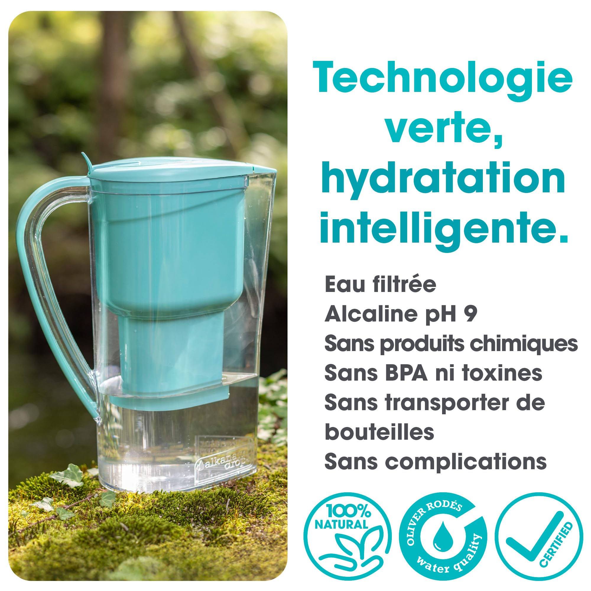 Carafe Filtrante Charbon Actif Eau Maison Alkanatur avec Filtre Basse Émission Sans Resine Ajoute Magnesium Fabrication Europeenne pH 9 Capacité 1.4L Water Filter Jug Hydrogène Élimine Métaux