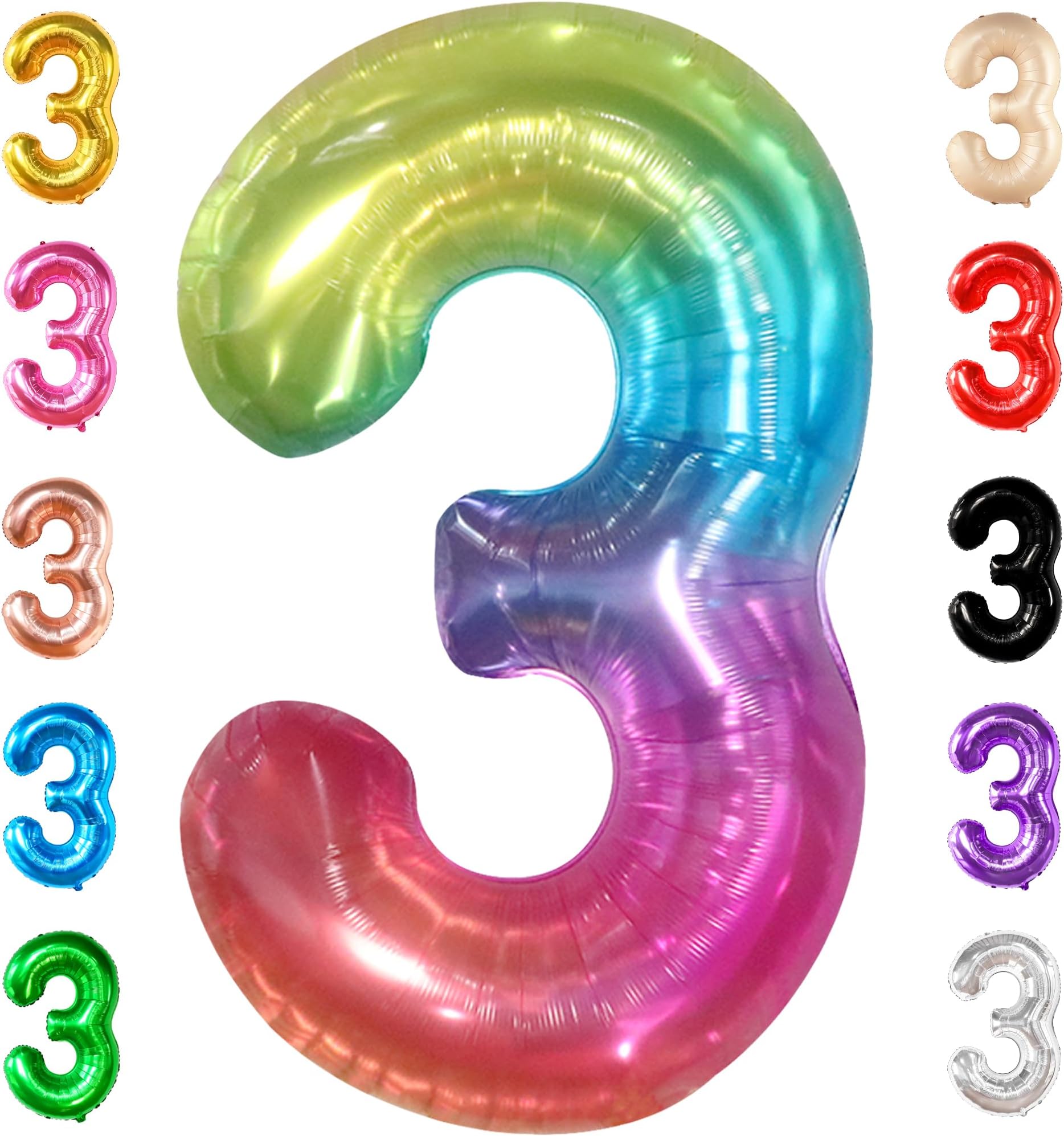 Giant Jelly Rainbow 3 Balloon Number - 40 Inch | Number 3 Balloon for 3rd Birthday Girl Decorations | 3rd Birthday Balloons | Rainbow Number Balloons for Anniversary Decorations
