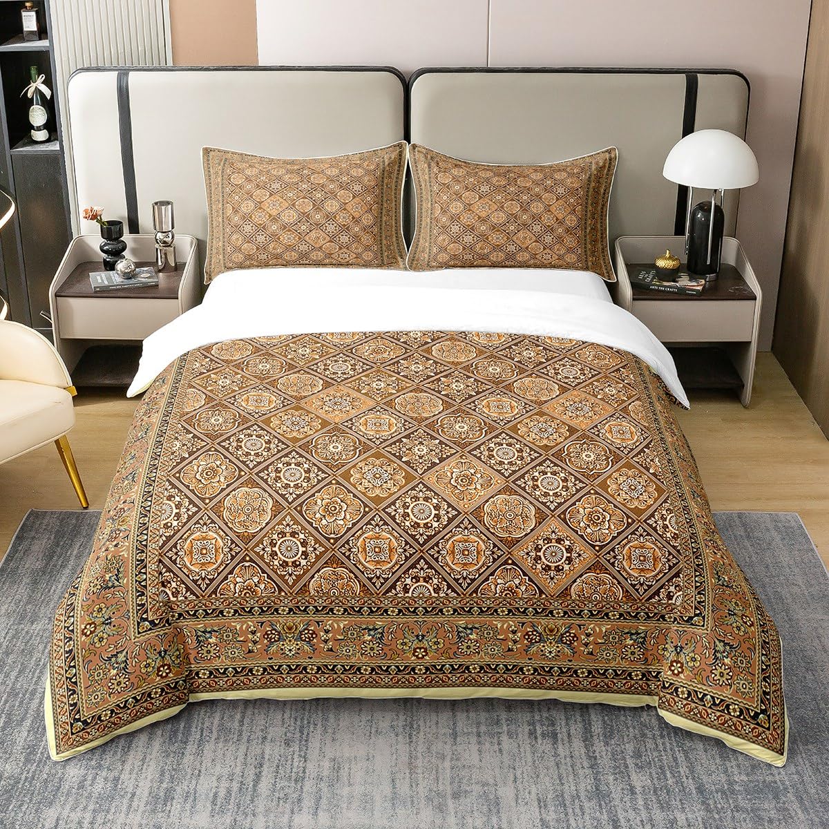Homemissing Damask Floral Pattern Bedding Set Double Size Kids Boho Paisley Print Comforter Cover Set for Boys Girls Teens Baroque Style 100% Cotton Duvet Cover European Pattern Bedspread Cover