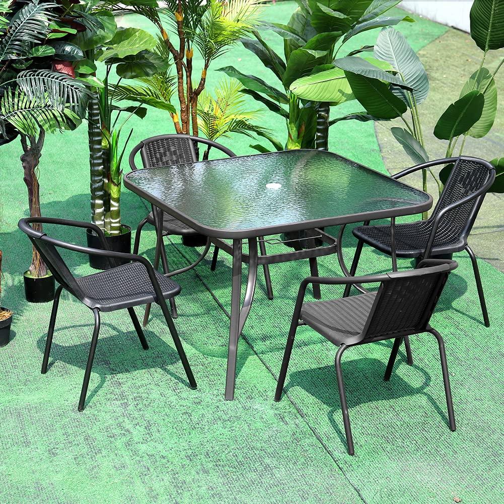DKIEI Garden Furniture Sets Table & 4 Chairs Set 105CM Square Garden Dining Table with Parasol Hole Garden Rattan Bistro Chair for Patio Balcony Backyard Brown