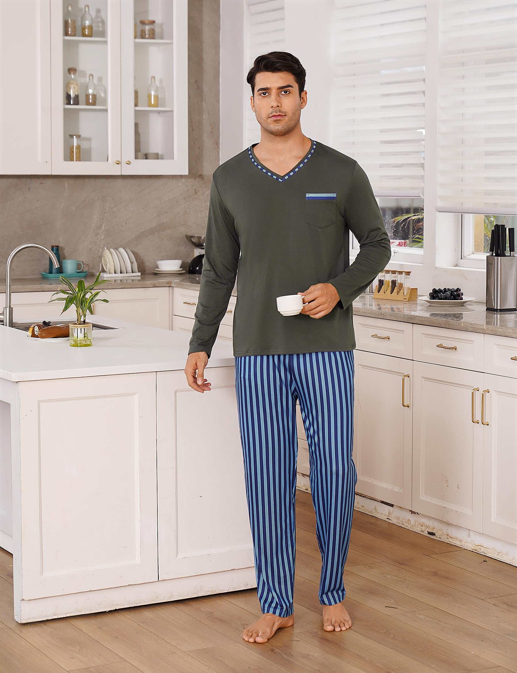 Demegimi Pigiama Uomo Invernale Cotone Leggero Pigiama da Uomo a Righe Pigiami Due Pezzi da Uomo a Maniche Lunghe con Scollo a V e Pantaloni