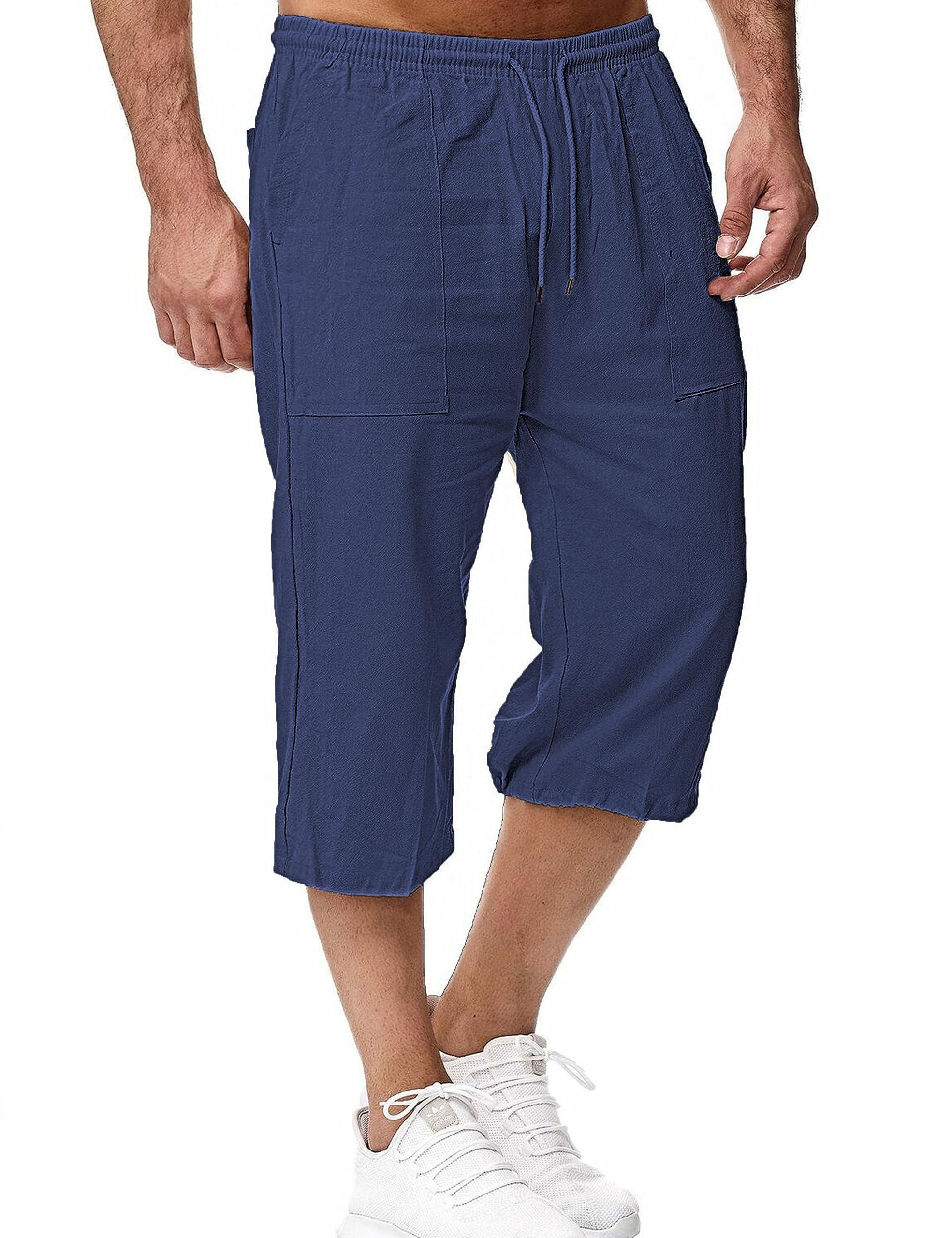 hangnifang Men's Long Linen Shorts Below Knee Pocketed 3/4 Summer Drawstring Capri Pant-picture-34