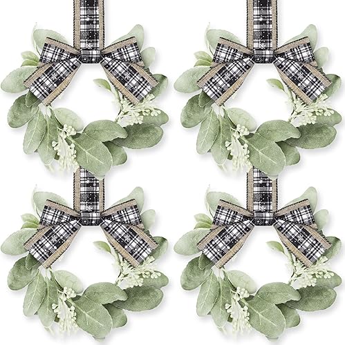 Syhood 4 piezas de mini corona de eucalipto de 9 pulgadas para puerta delantera, corona verde artificial, corona de gabinete de cocina, corona
