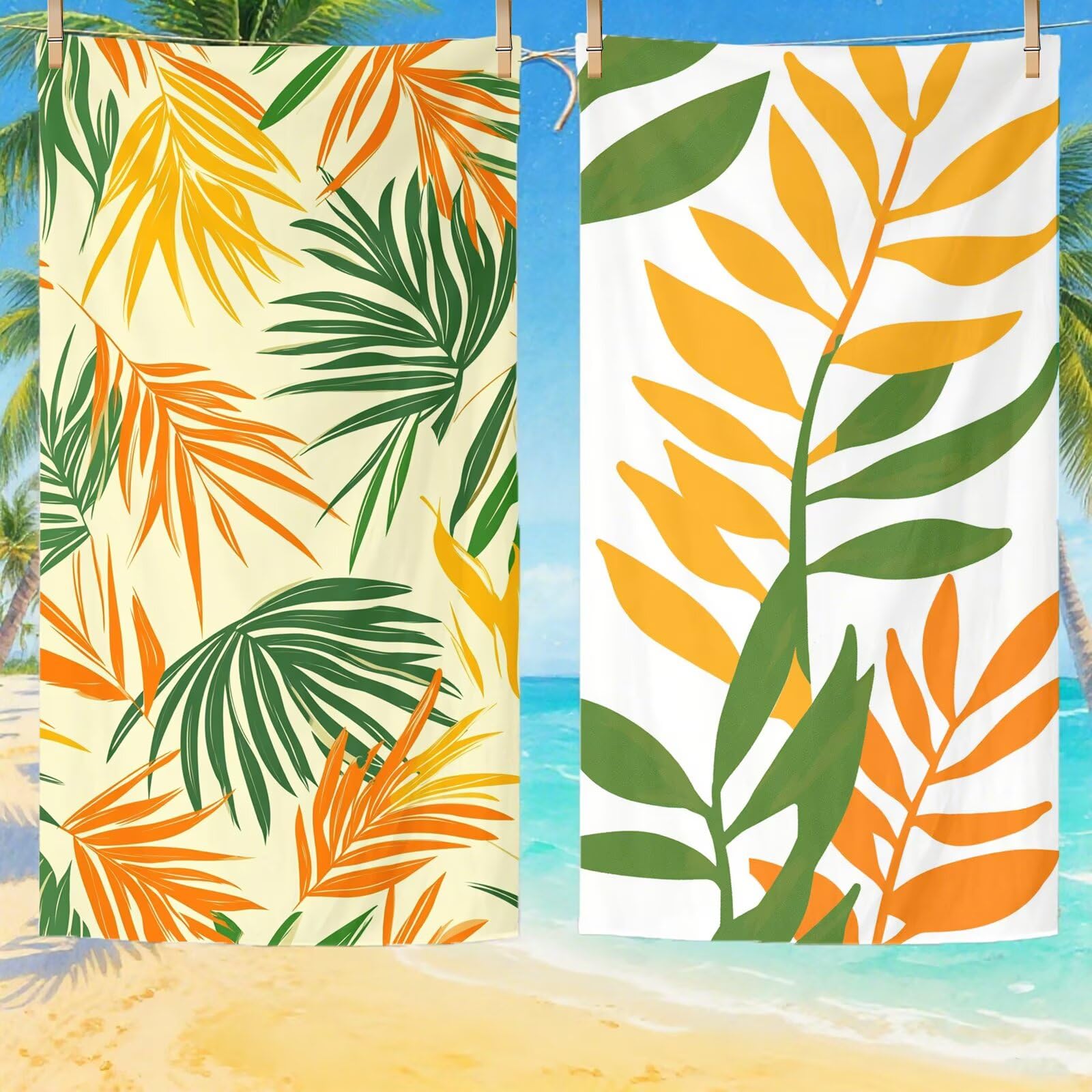 Serviette de Plage XXL 90x200,Feuille Serviette Plage Microfibre avec Séchage Rapide, Anti-Sable, Absorbante Fonction Design pour Vacances Piscine Pique-Nique Voyages Yoga, Cadeau Femme 2 Pack Q-752