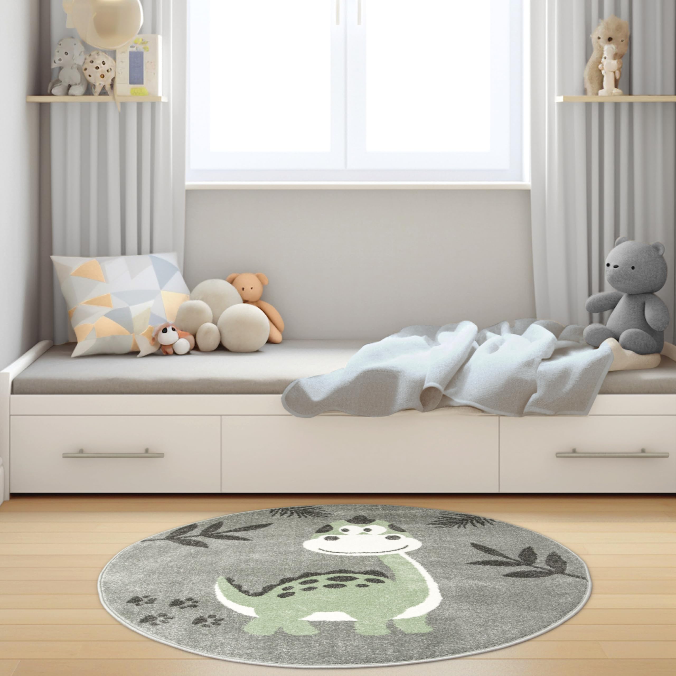 Runder Kinderteppich Lima Dinosaurier Grau, Grün 160 cm, Teppiche für EIN Kinderzimmer mit kurzem Flor, Teppich für einen Jungen, Mädchen, Gemütlich Spielteppich, Dekorativ
