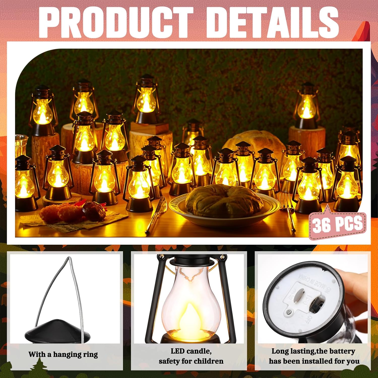 Ferraycle 36 Pcs Mini Lantern for Centerpiece Western Wedding Decor 4 Inch Camping Decorative with LED Candle Vintage Hanging Lantern Ornaments Bulk for Cowboy Cowgirl Xmas Party Decoration (Black)