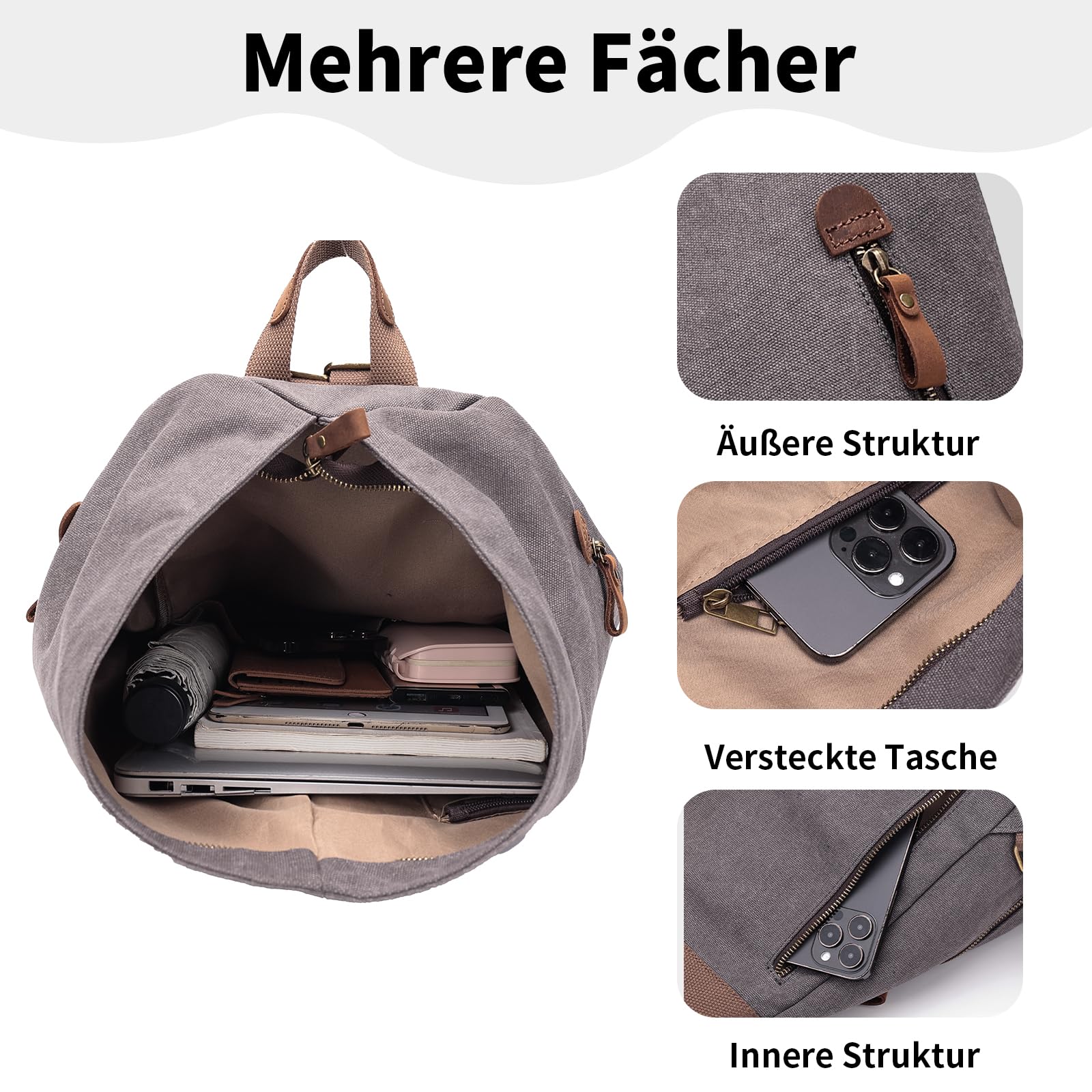 KL928 Canvas Vintage Rucksack – Großer Casual Daypack Outdoor Reisesack Wanderrucksack für Herren und Damen (Dunkelgrau)
