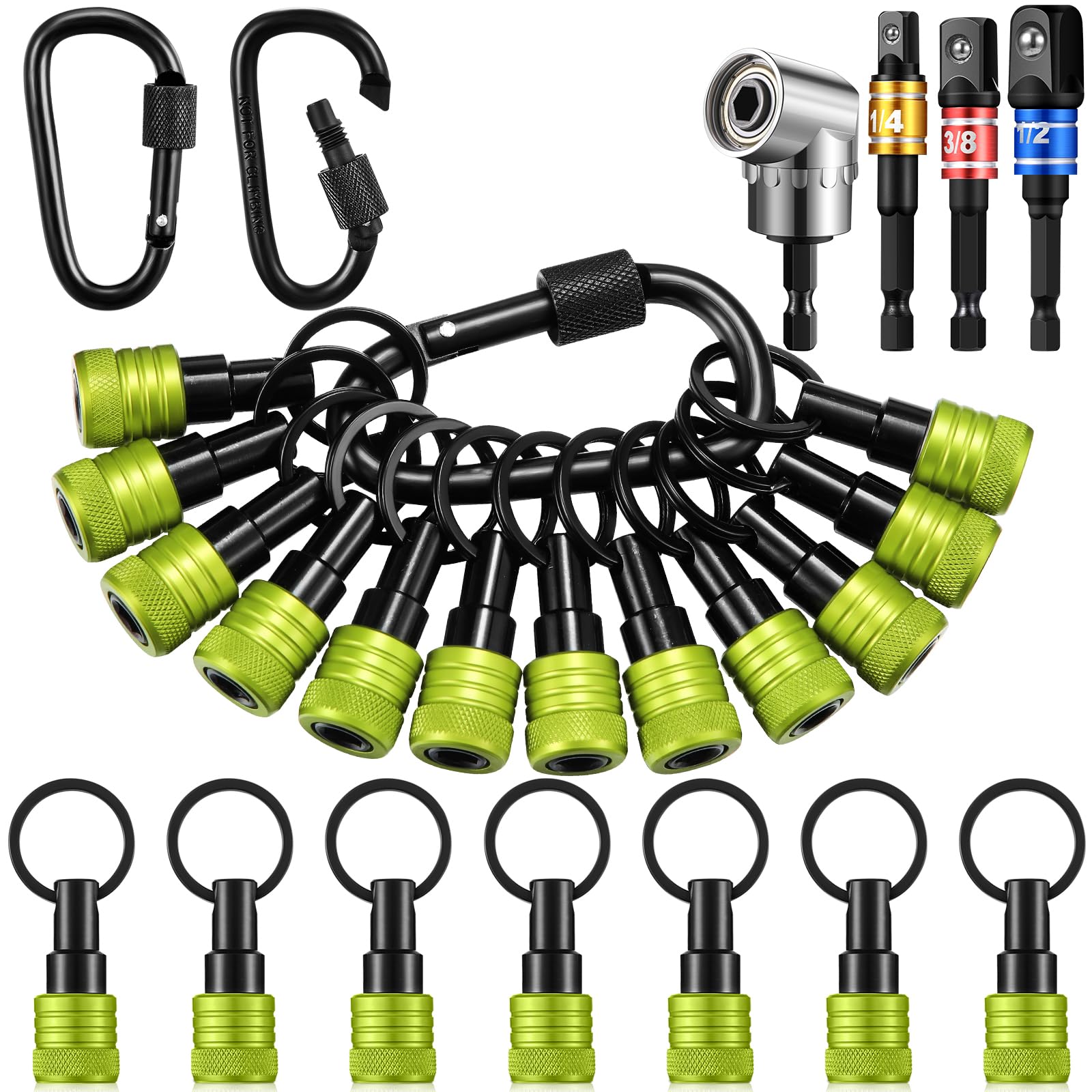 Threlaco 18 Pcs Upgraded Bit Holder Keychain, 1/4 3/8 1/2 Socket Hex Shank Bit Holders Quick Release Screwdriver Extension Tool 105 Degree Right Angle
